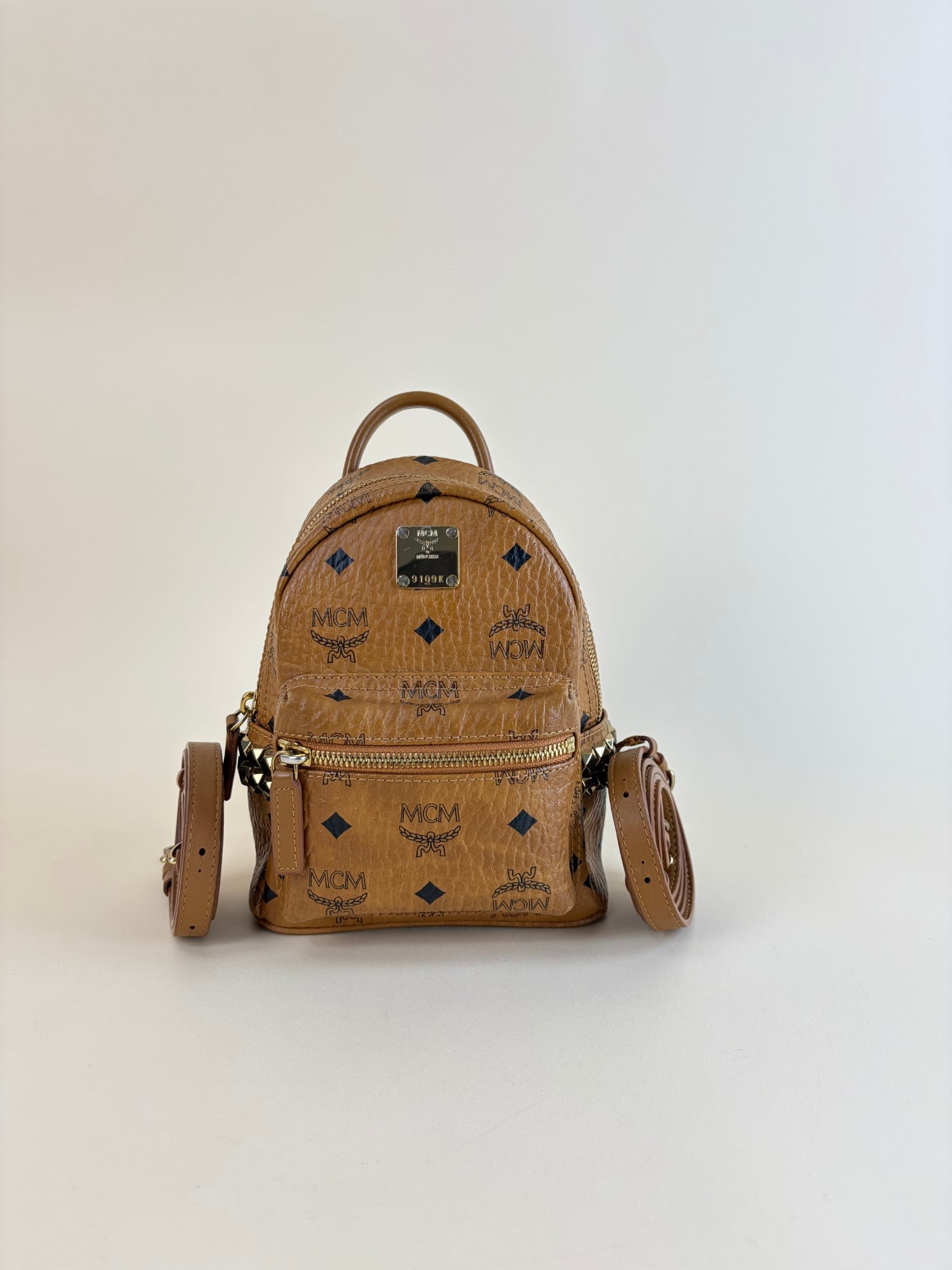 MCM Camel Stark Bebe Boo Studs Visetos Backpack Bag