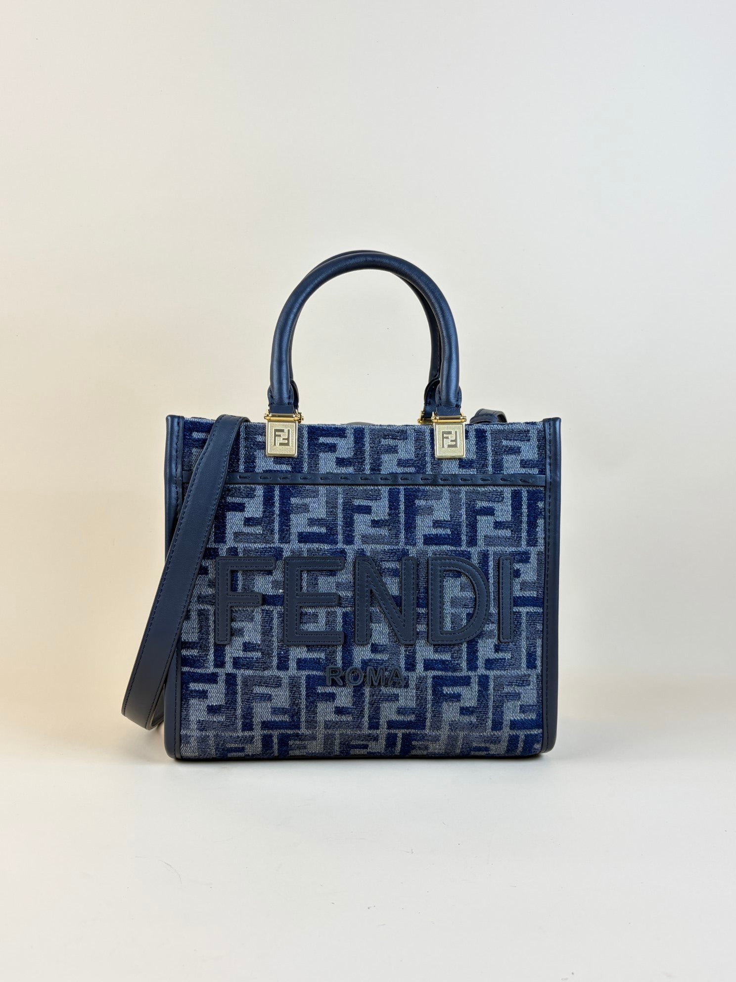 Fendi dark blue FF chenille shopper small Tote Bag with Strap