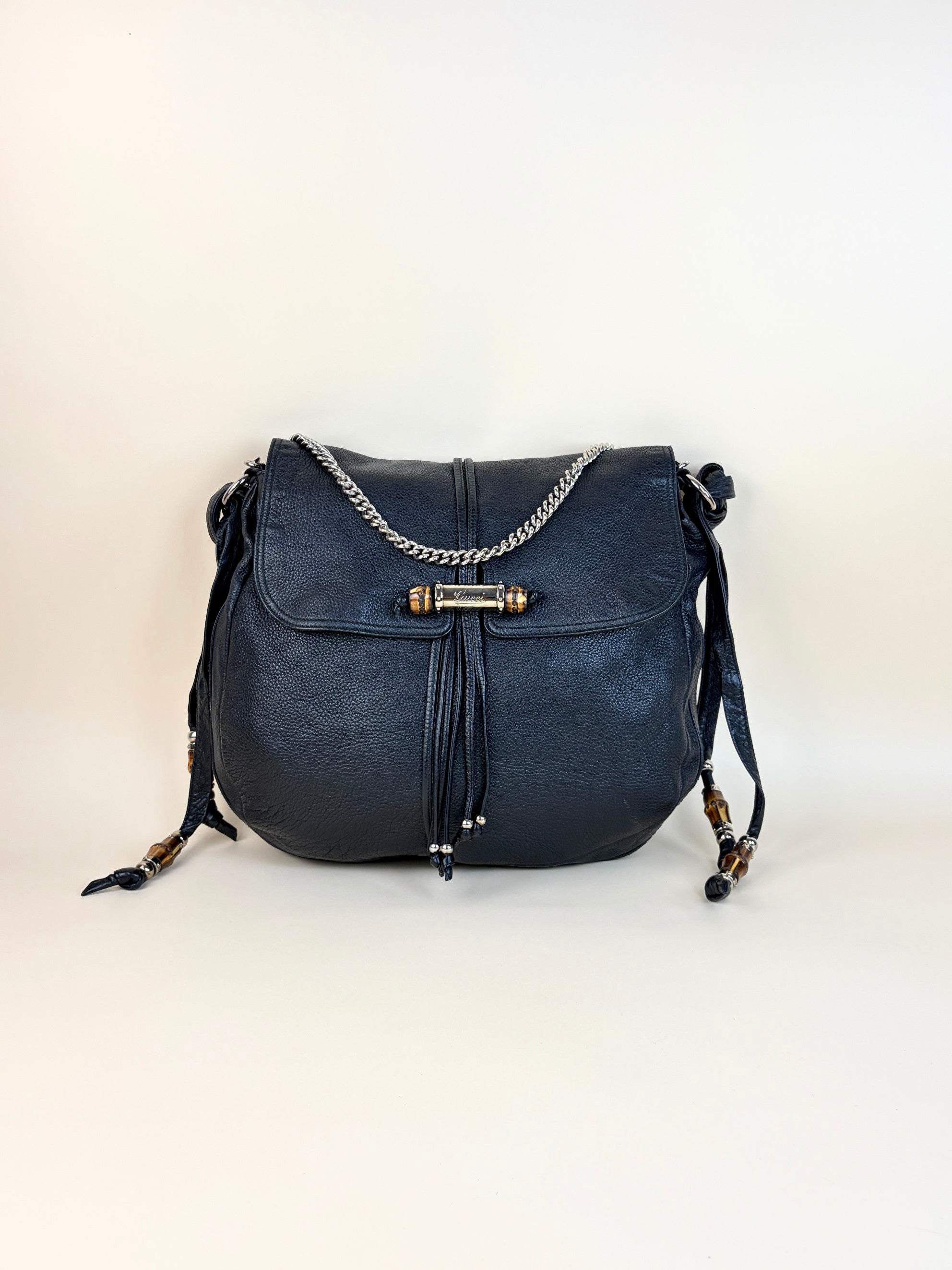 Gucci black leather bamboo jungle messenger chain bag