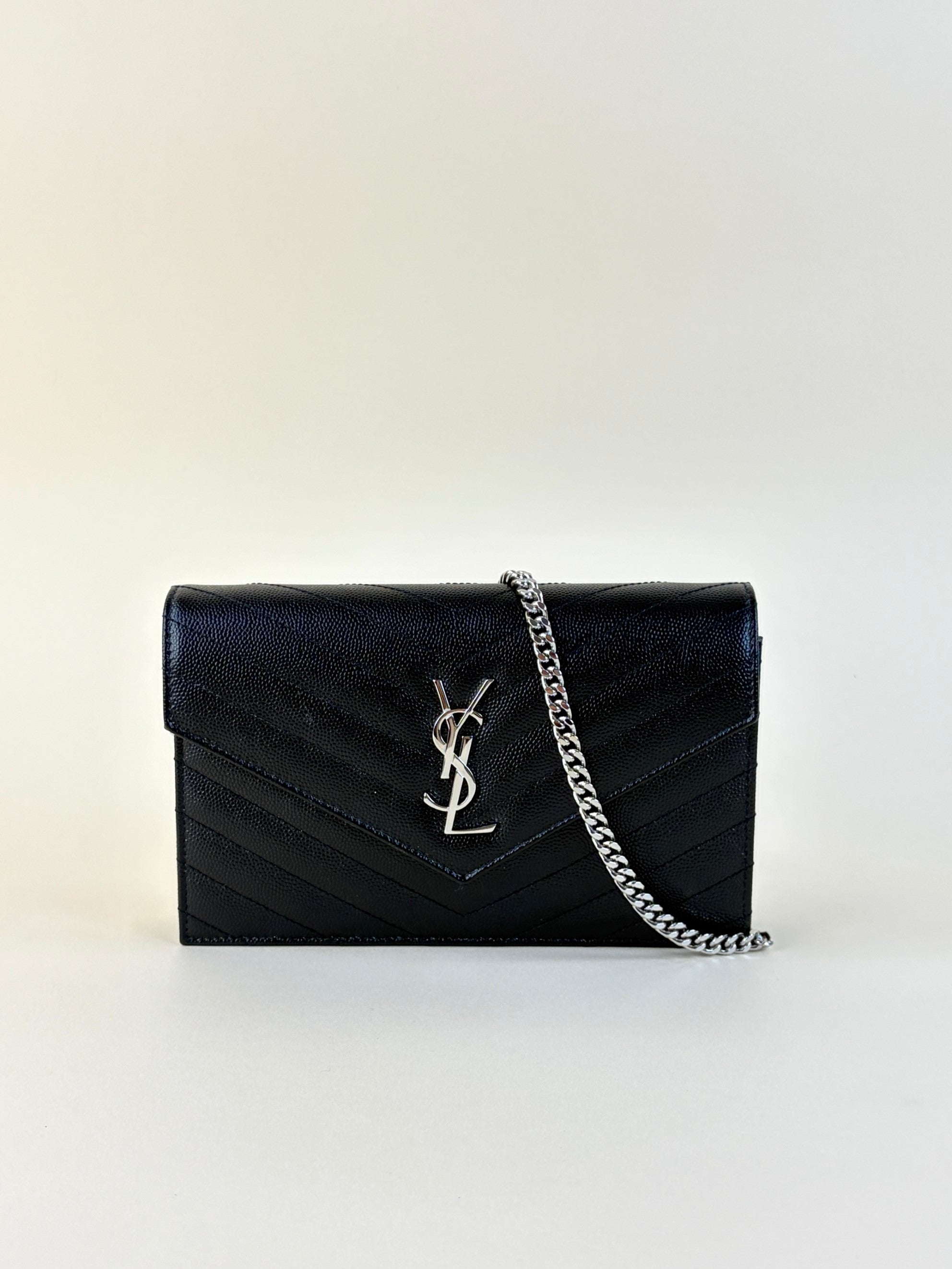 YSL Black Cassandre Envelope Wallet Chain
