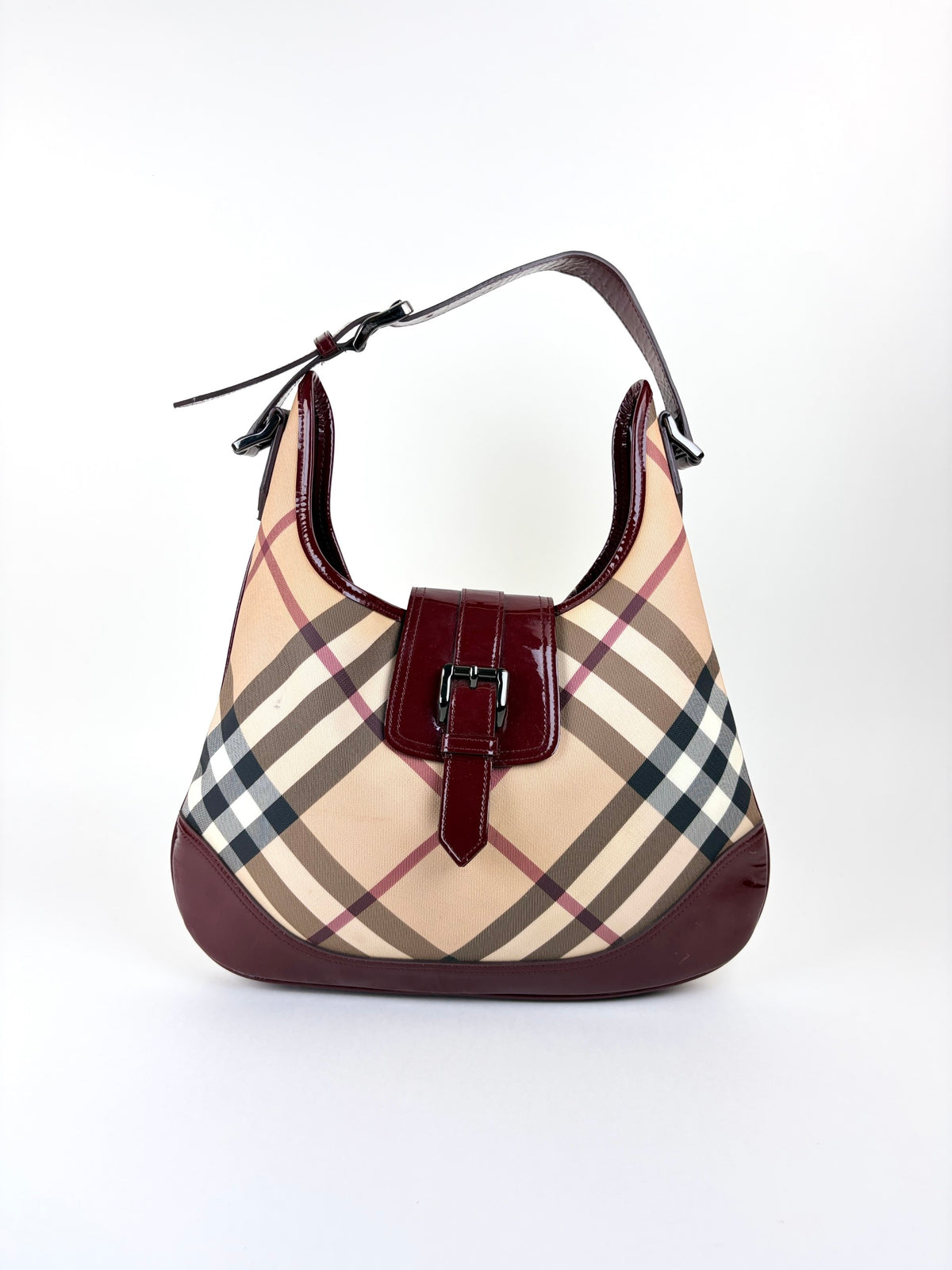 Burberry red patent leather and Nova Check coated canvas brook hobo bag