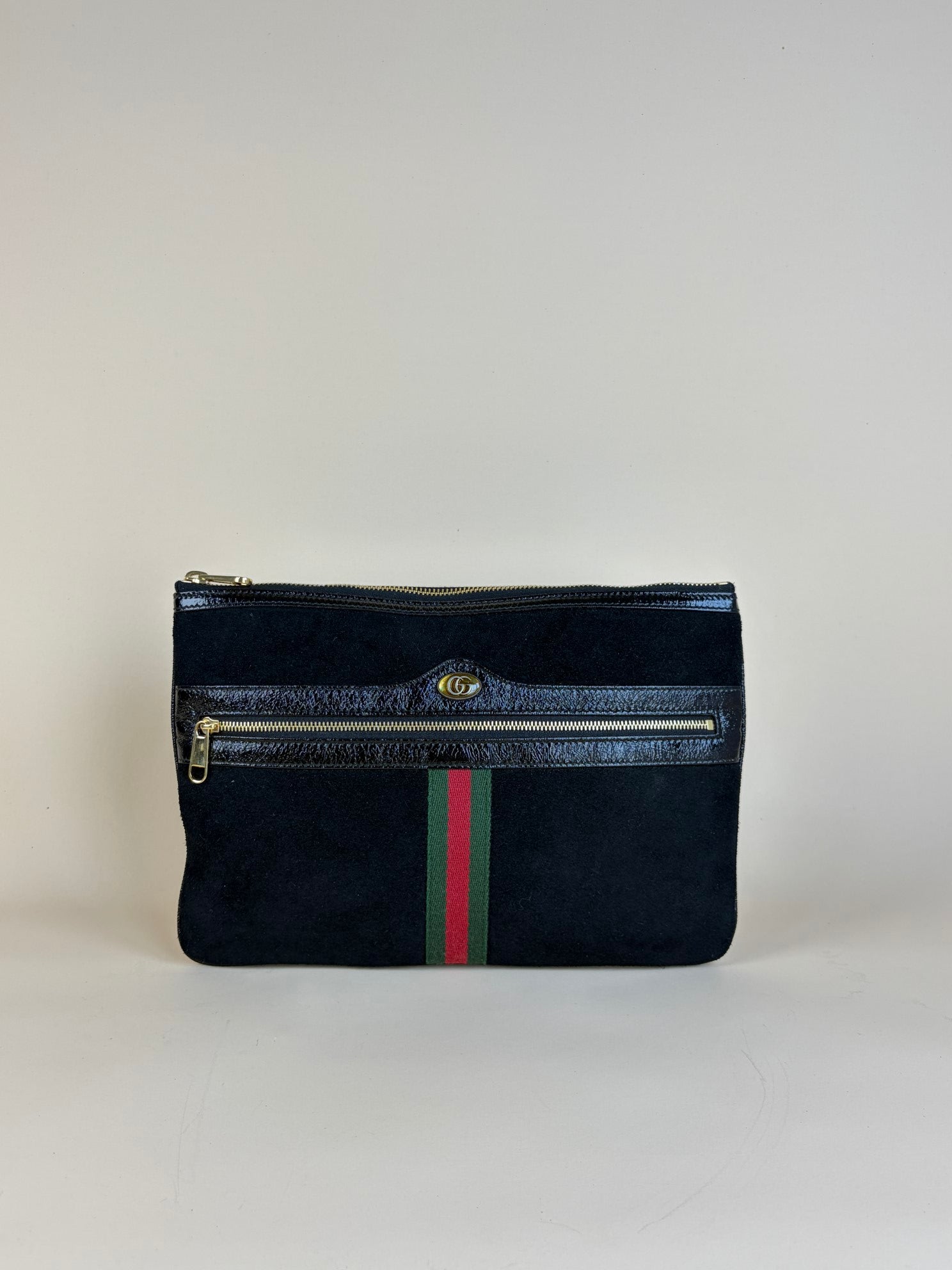 Gucci Black Suede GG Ophidia Vintage Zip Clutch