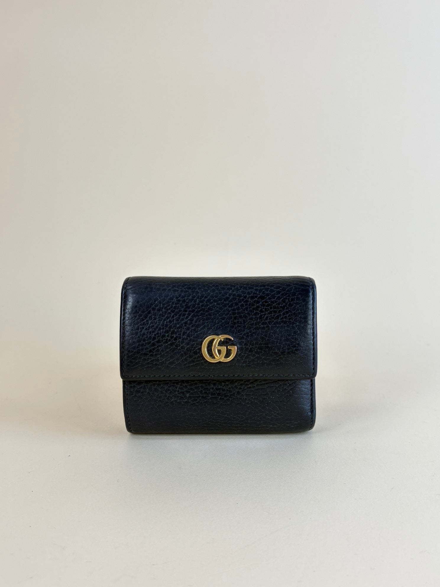 Gucci Black GG Marmont tri- fold compact wallet gold hardware