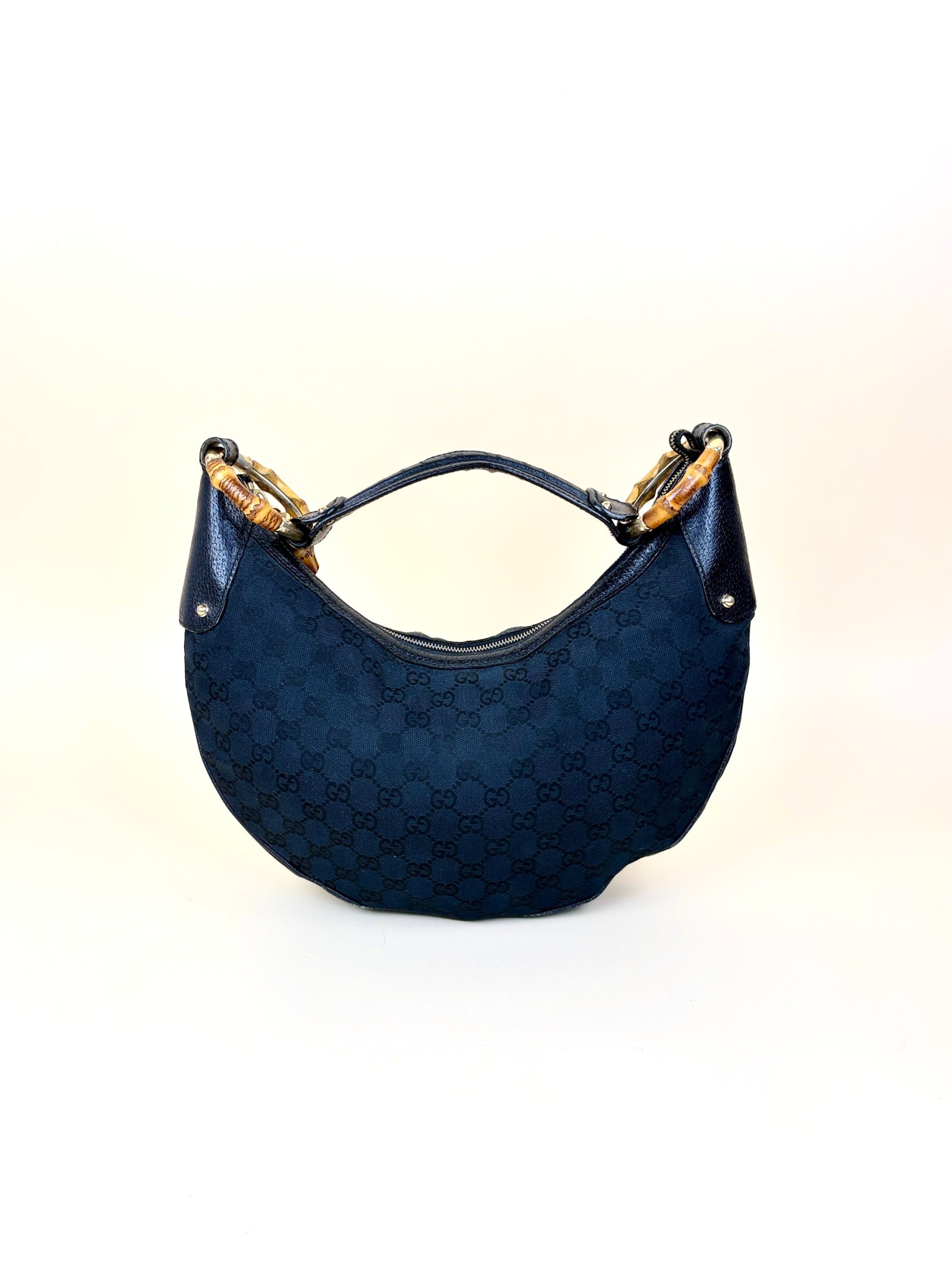 Gucci Black GG Monogram Bamboo Ring Hobo Bag