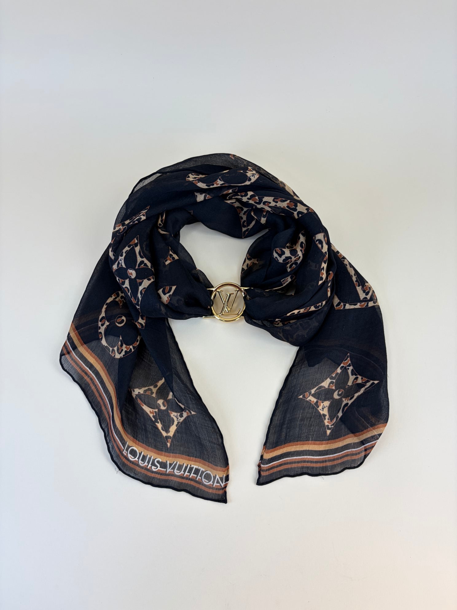 Louis Vuitton Leopard Black Monogram Silk Scarf with Gold LV Pin