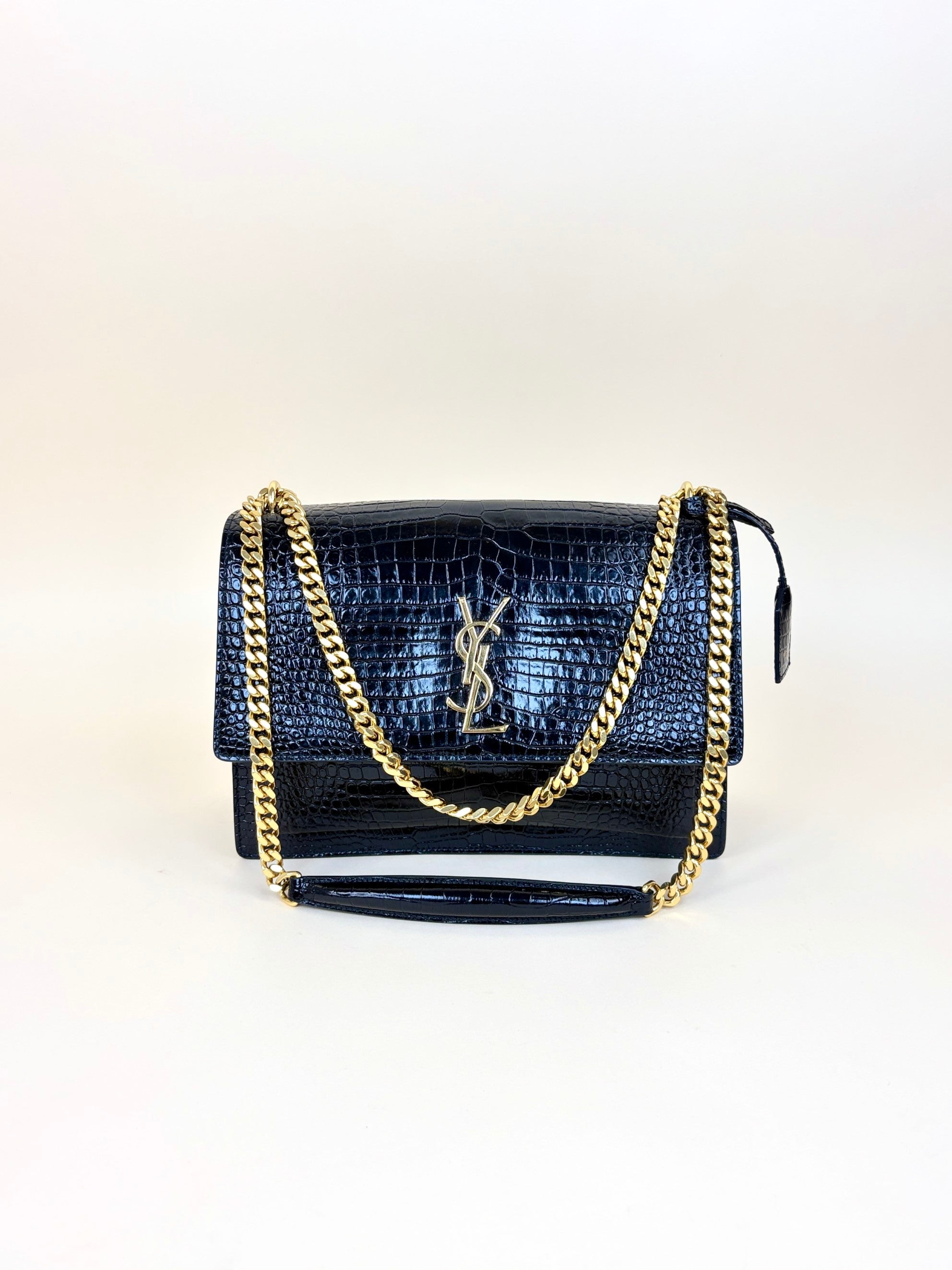 YSL Black Crocodile Embossed Sunset Large Shoulder Bag