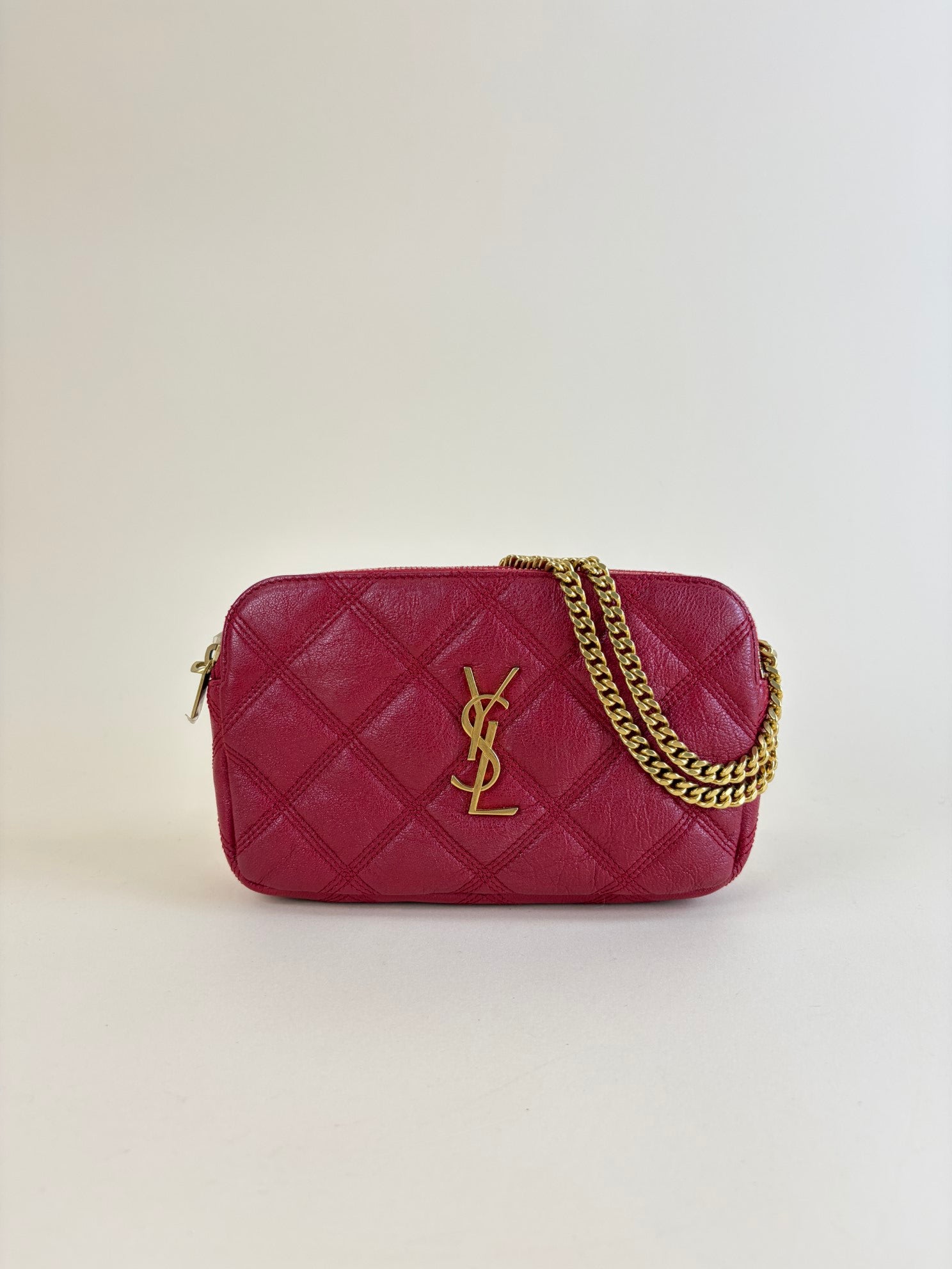 YSL Red grained lambskin quitted mini Becky double zip cross
