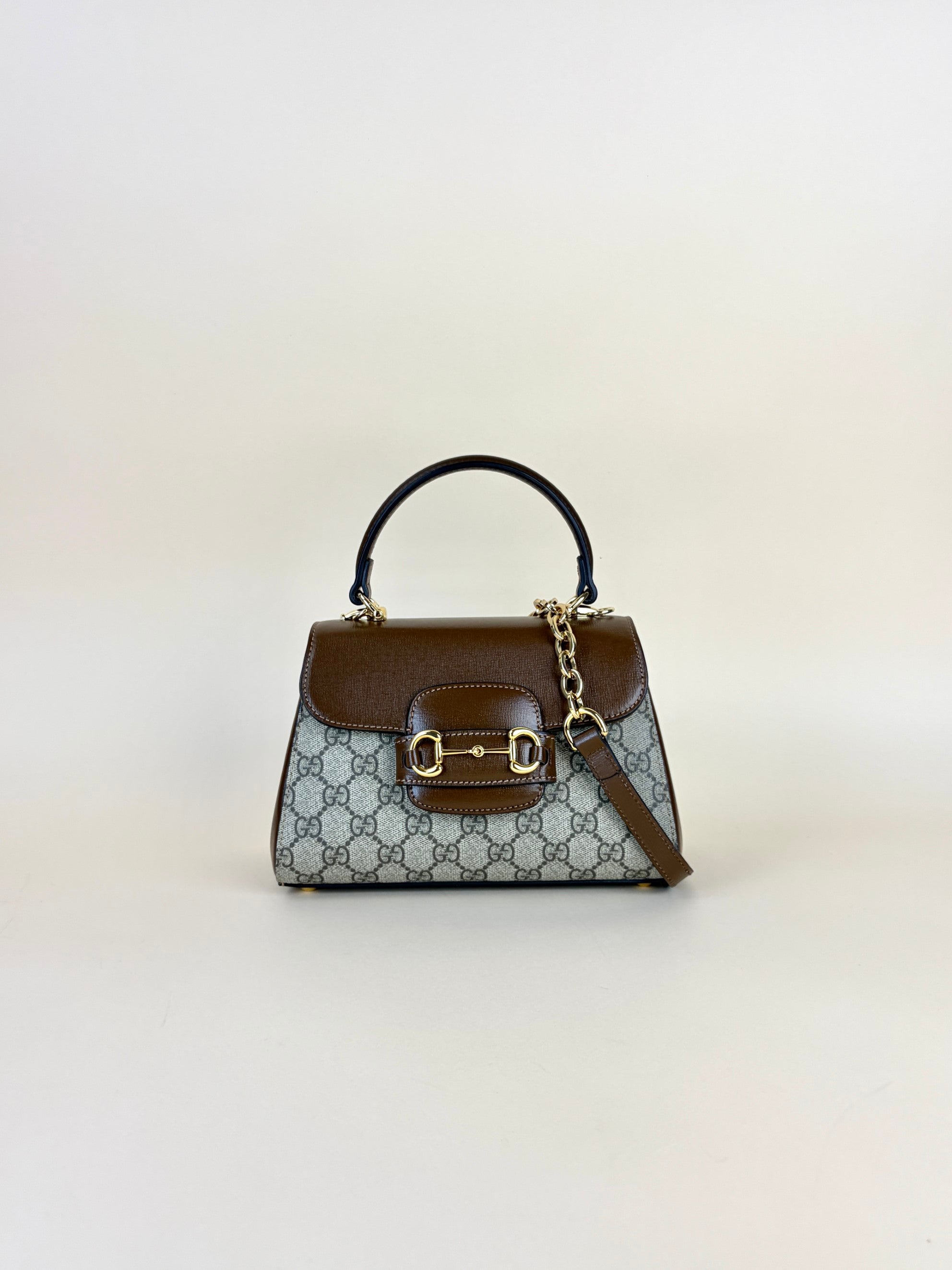 Gucci horse bit 1955 mini brown leather gg supreme canvas tote bag
