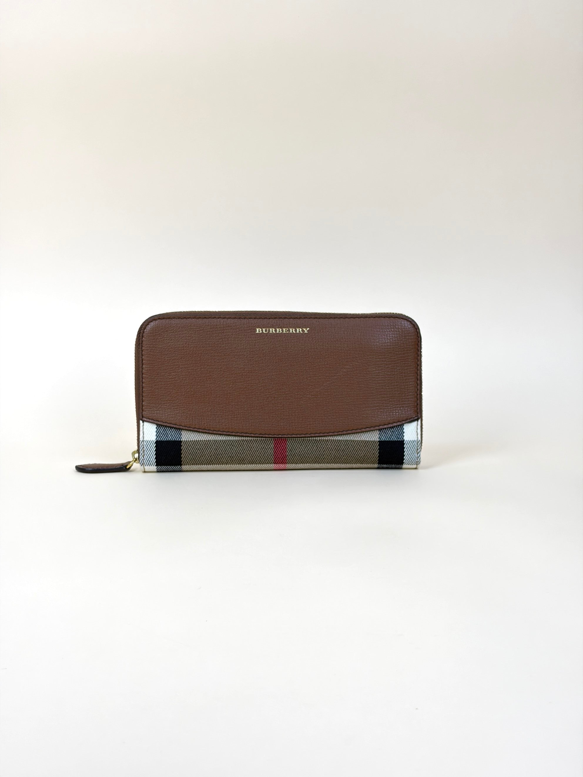 BURBERRY brown calfskin house check Elmore zip around wallet