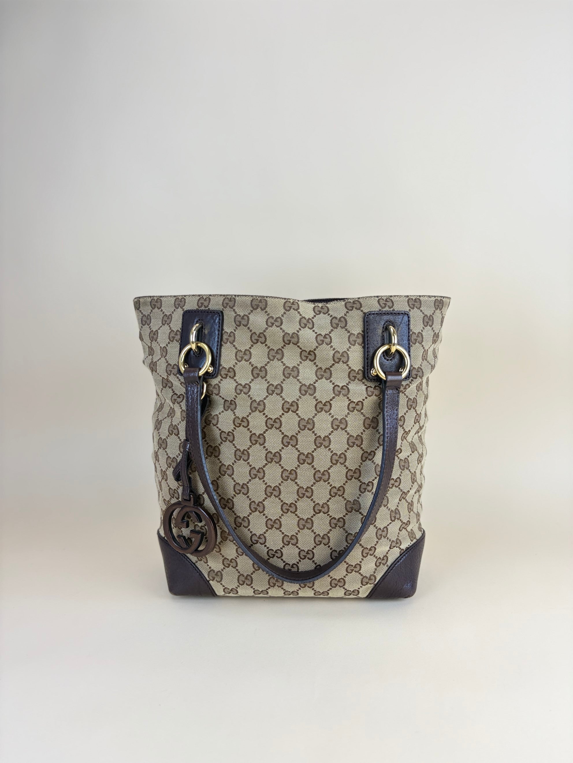 gucci beige, brown gg canvas charm medium tote bag