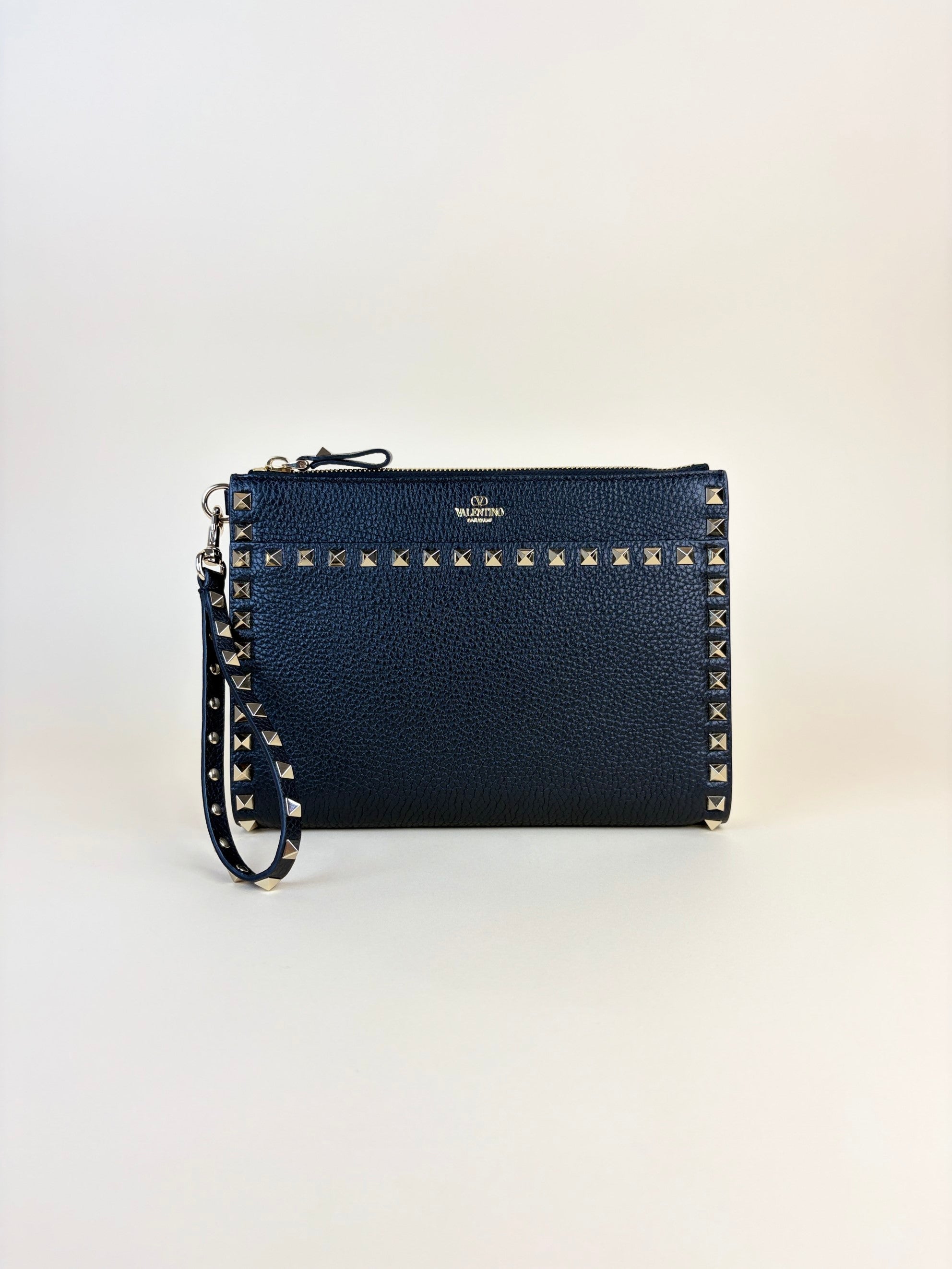 Valentino euro Black pebbled Rock stud Zipped Clutch