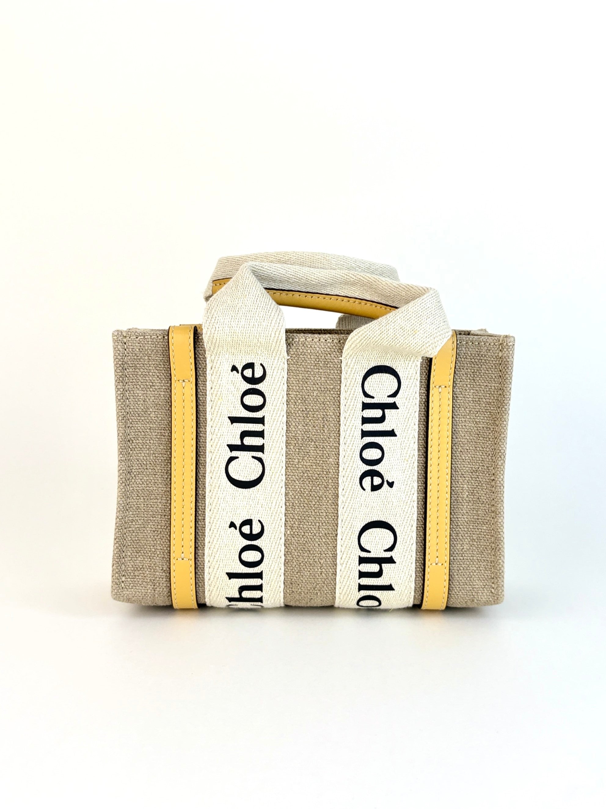 Chloe beige canvas/yellow leather mini Woody Tote Bag