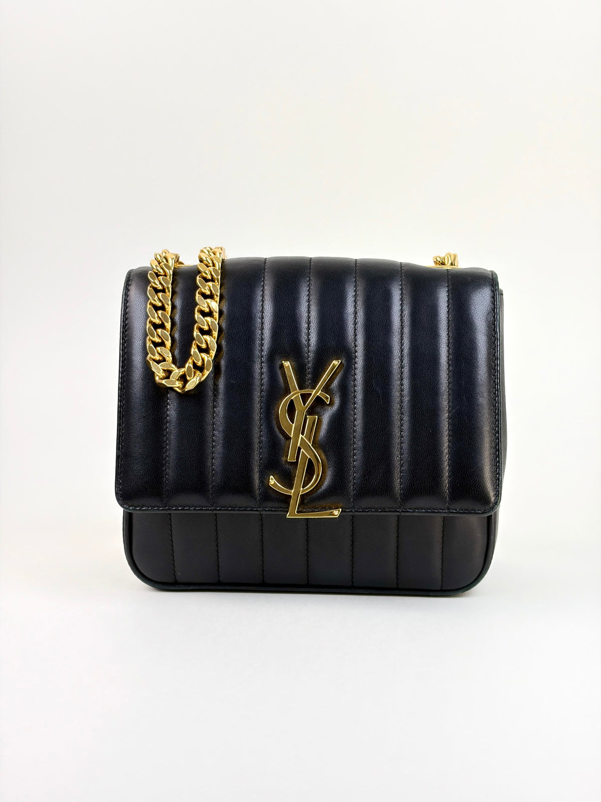 YSL black lambskin matelassé monogram Vicky medium chain bag