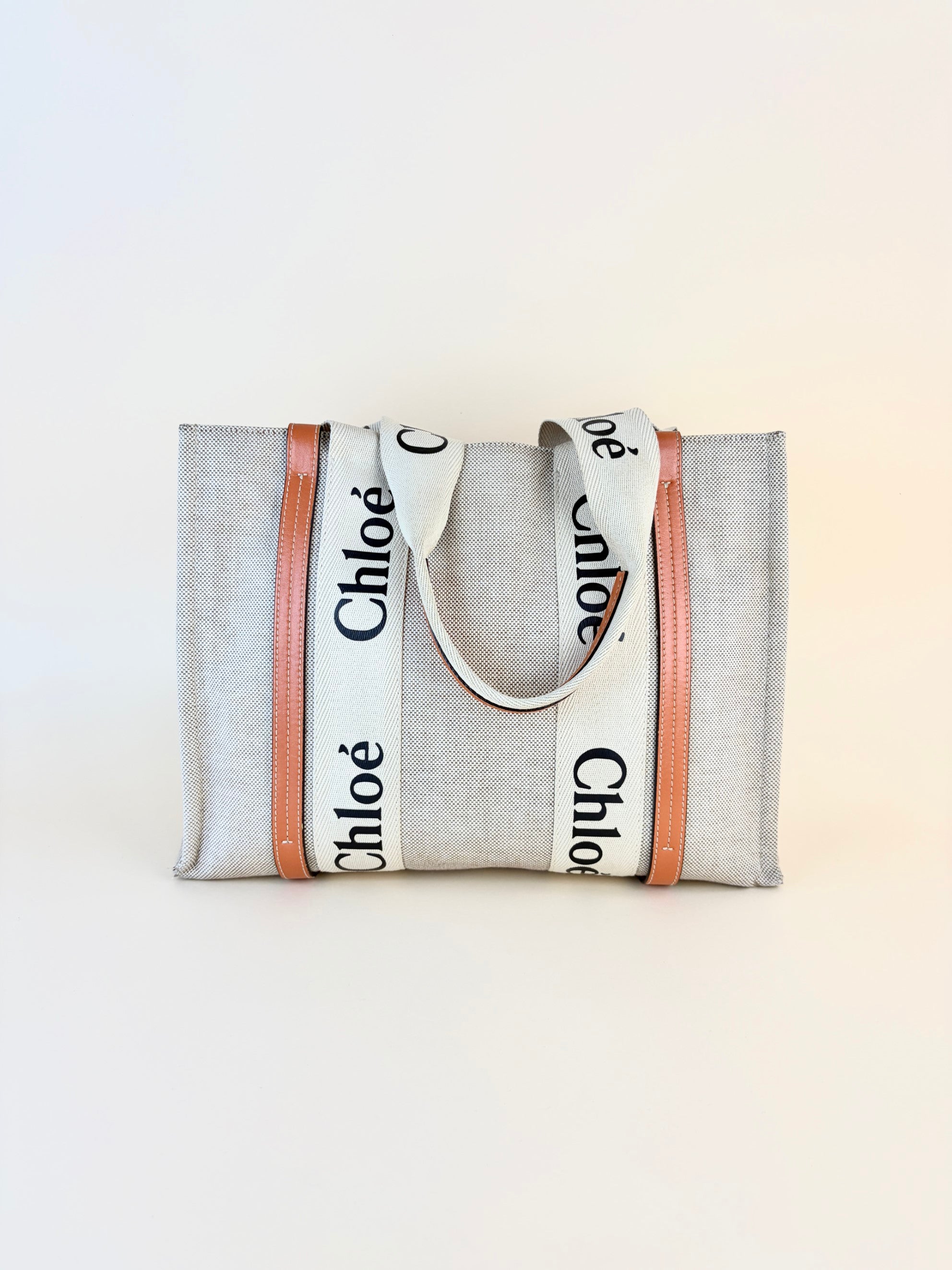Chloe orange calfskin beige linen canvas woody medium bag