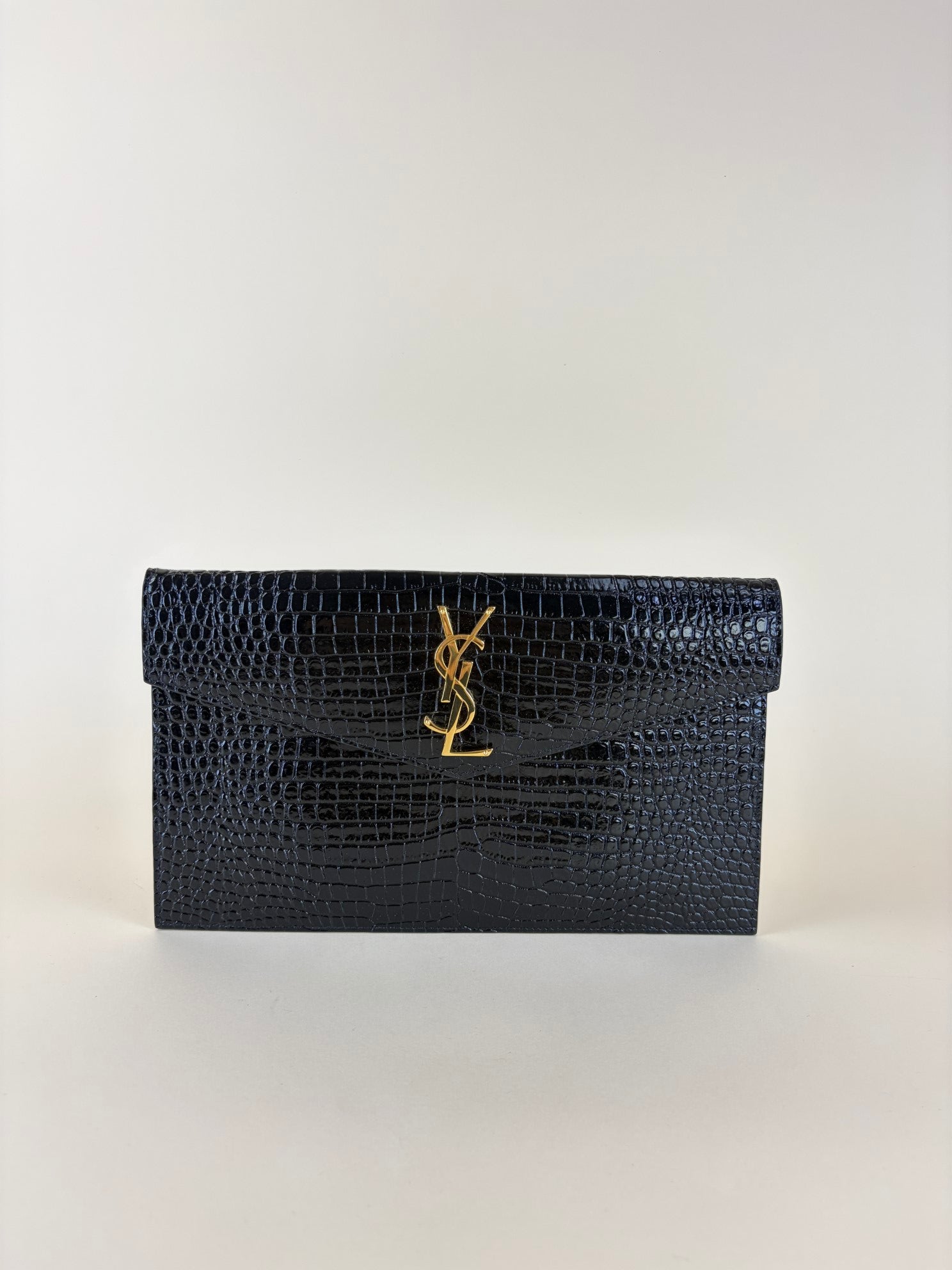 YSL Black Crocodile Embossed Shiny Uptown Pouch