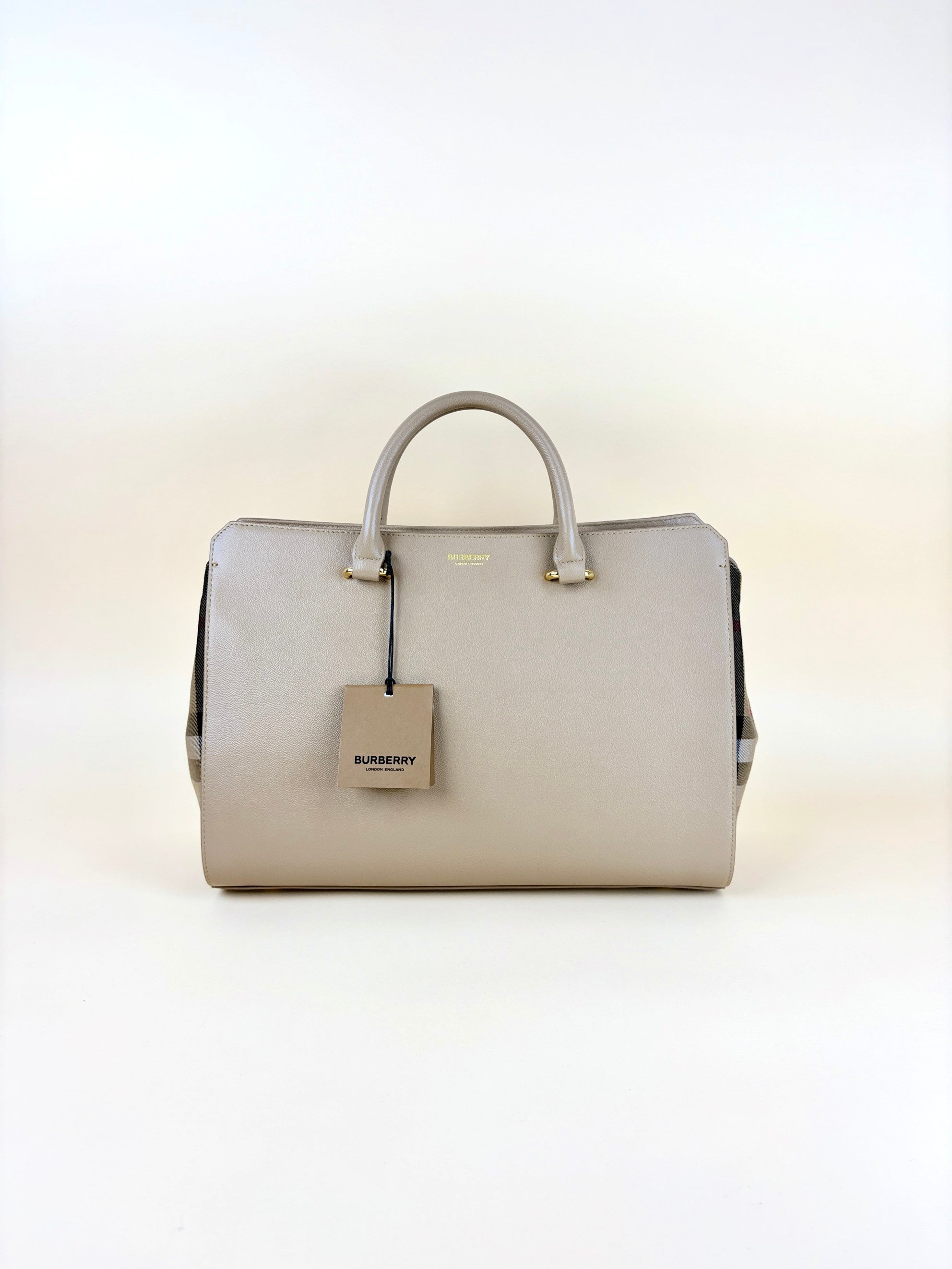Burberry Banwell medium calfskin mega check house beige tote bag