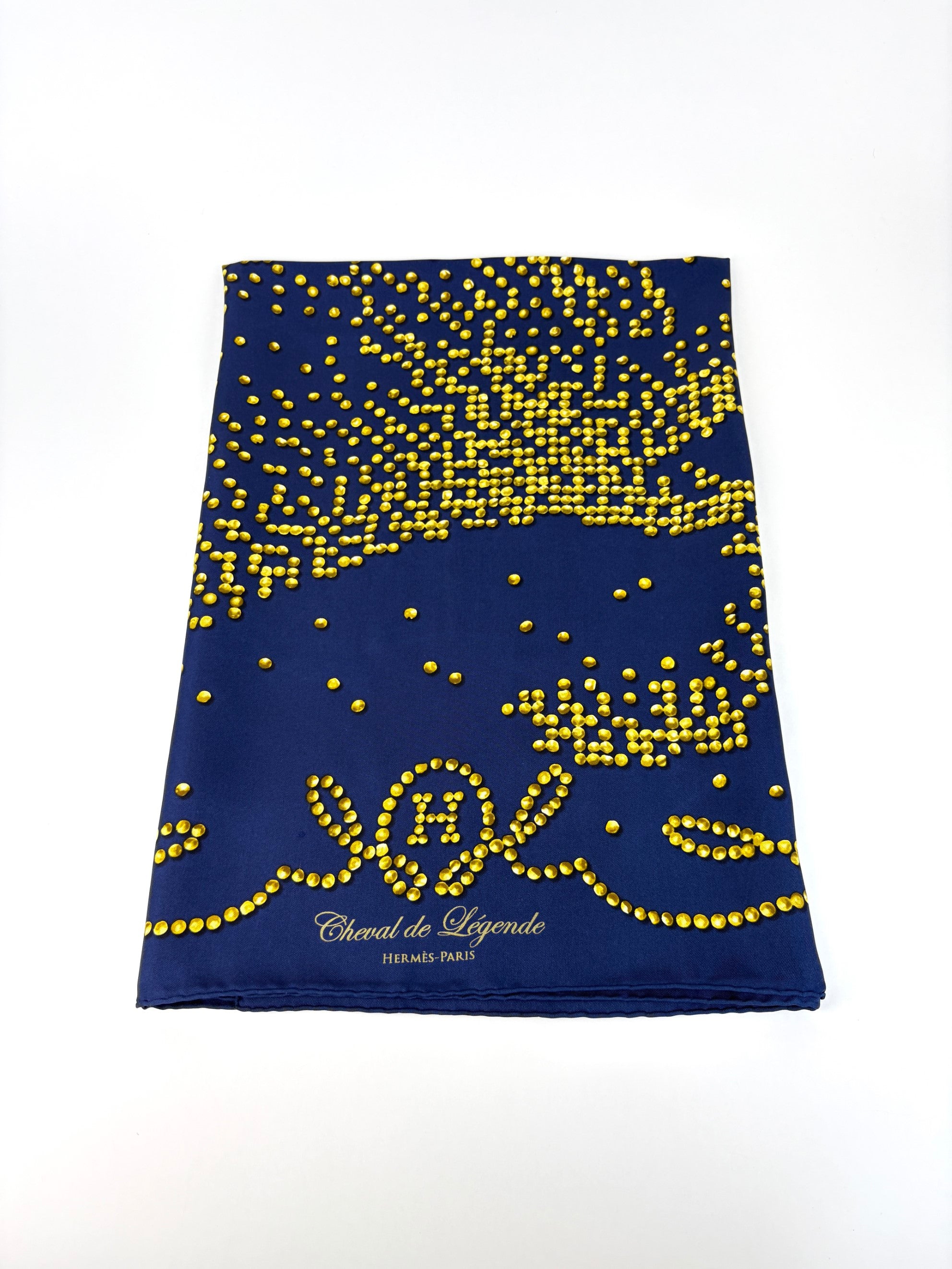 Hermes navy blue/gold Chevel de legend silk square scarf
