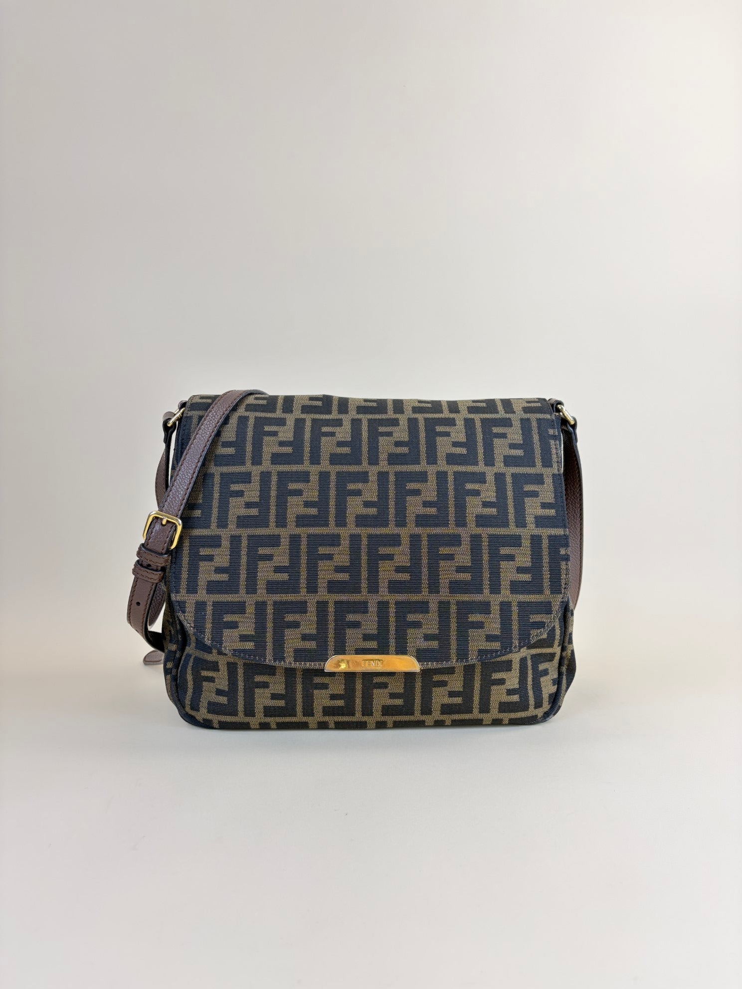 Fendi Tobacco Zucca Vitello Artic Messenger Large Flap Crossbody Bag