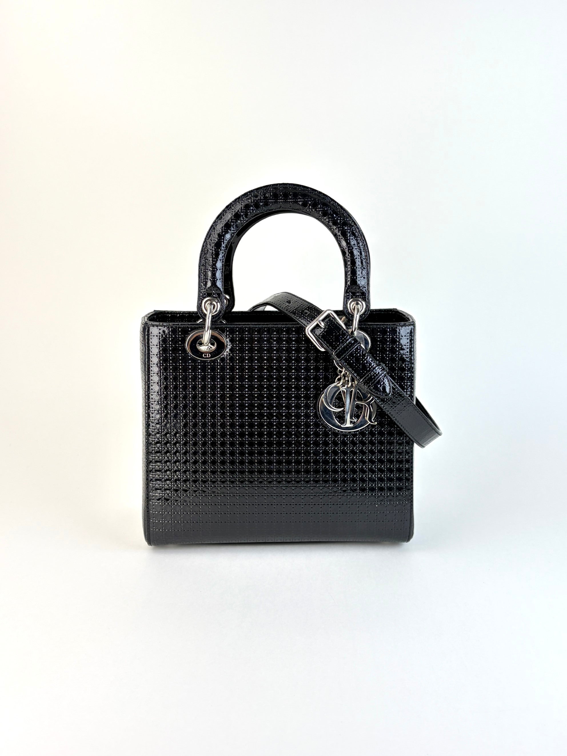 Christian Dior black patent micromanage calfskin lady Dior medium bag