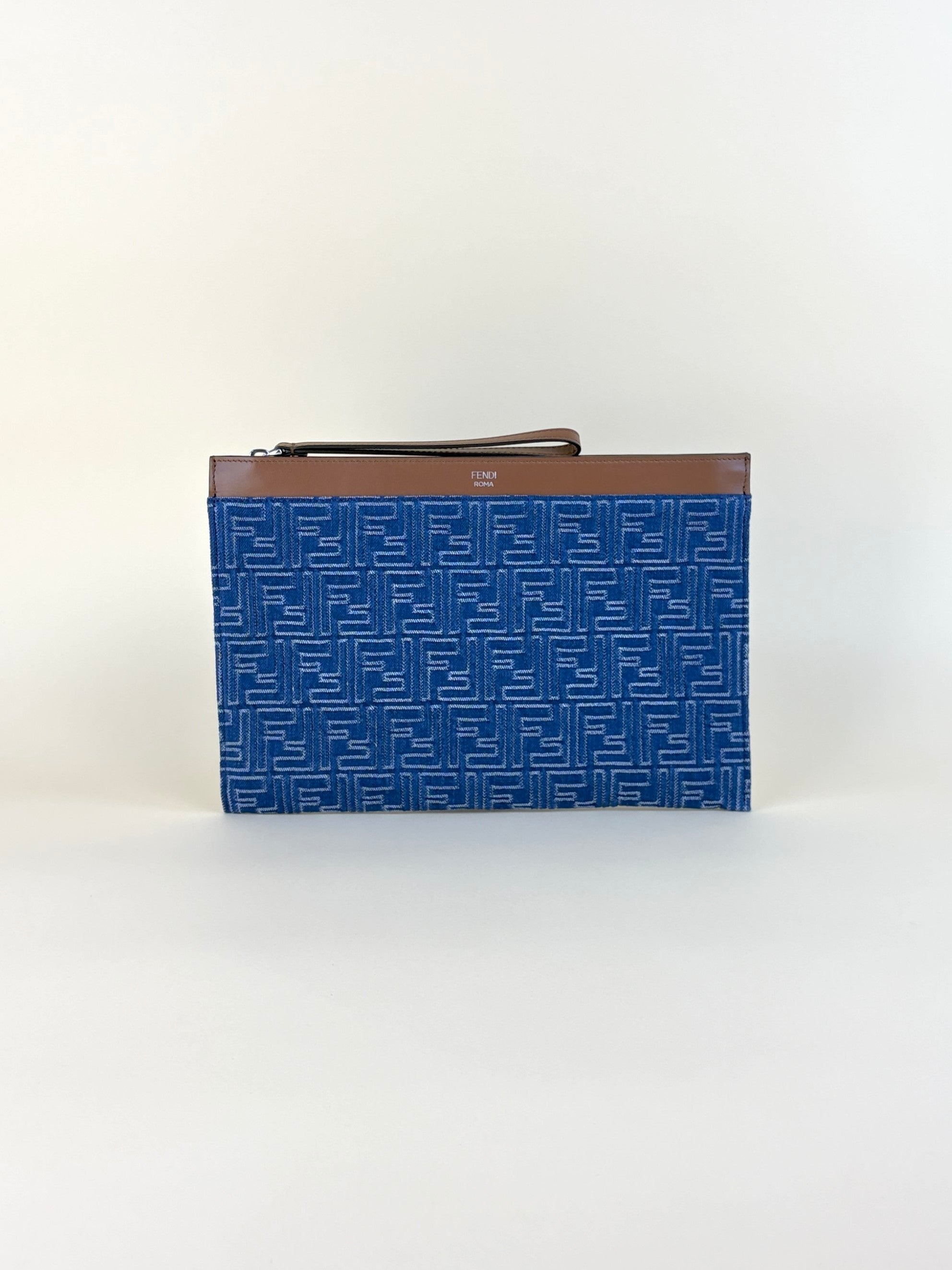 Fendi Blue Denim FF Jacquard Medium Flat Pouch