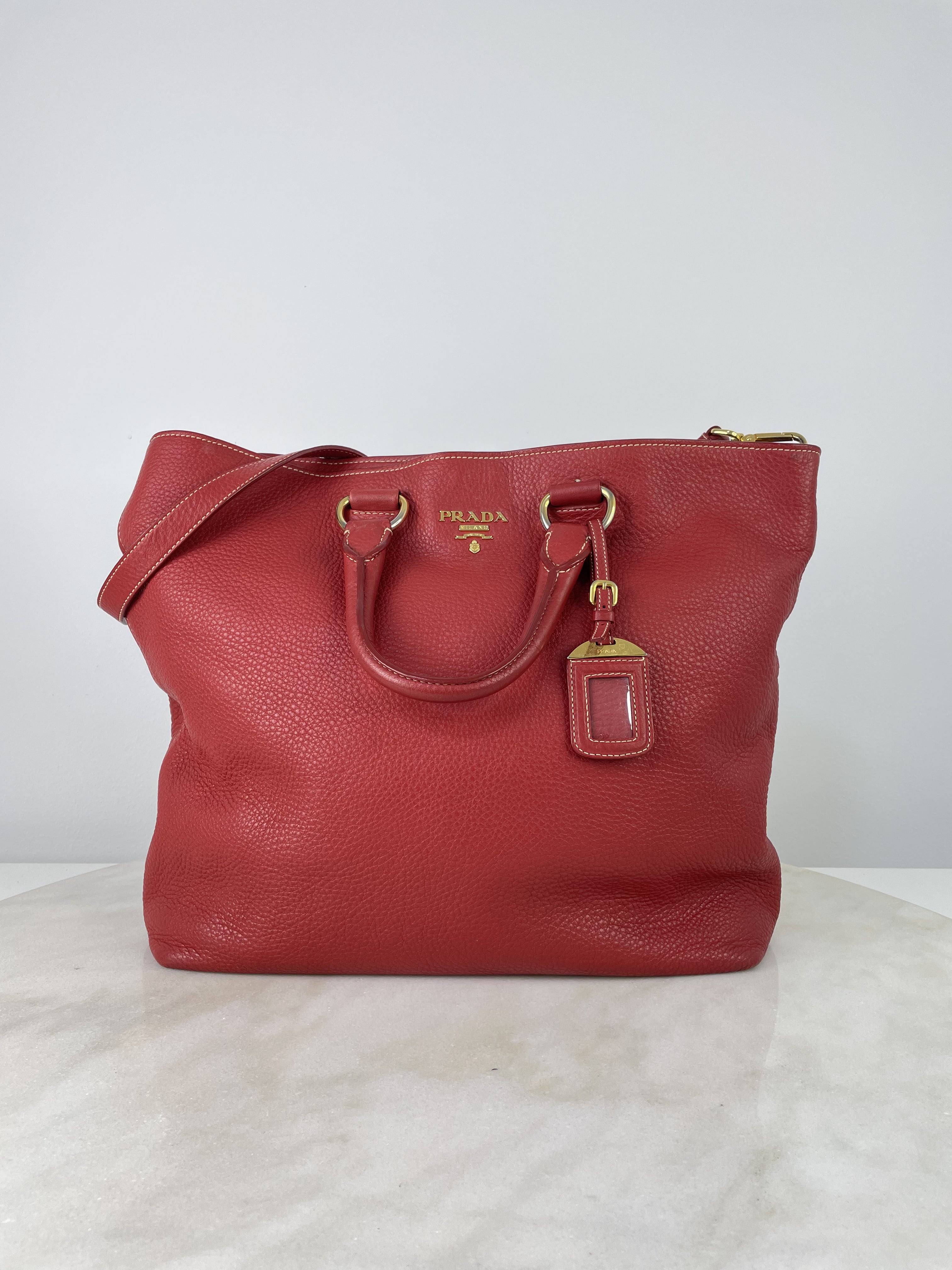 Prada Red Vitello Daino Tote Bag W/ Strap