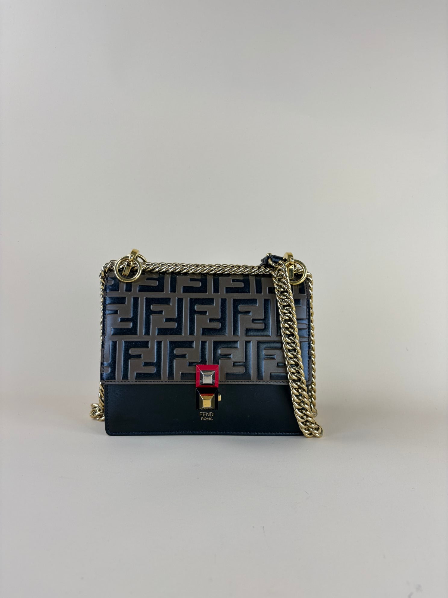 Fendi ff 1974 small Kan i black ff gold chain cross body