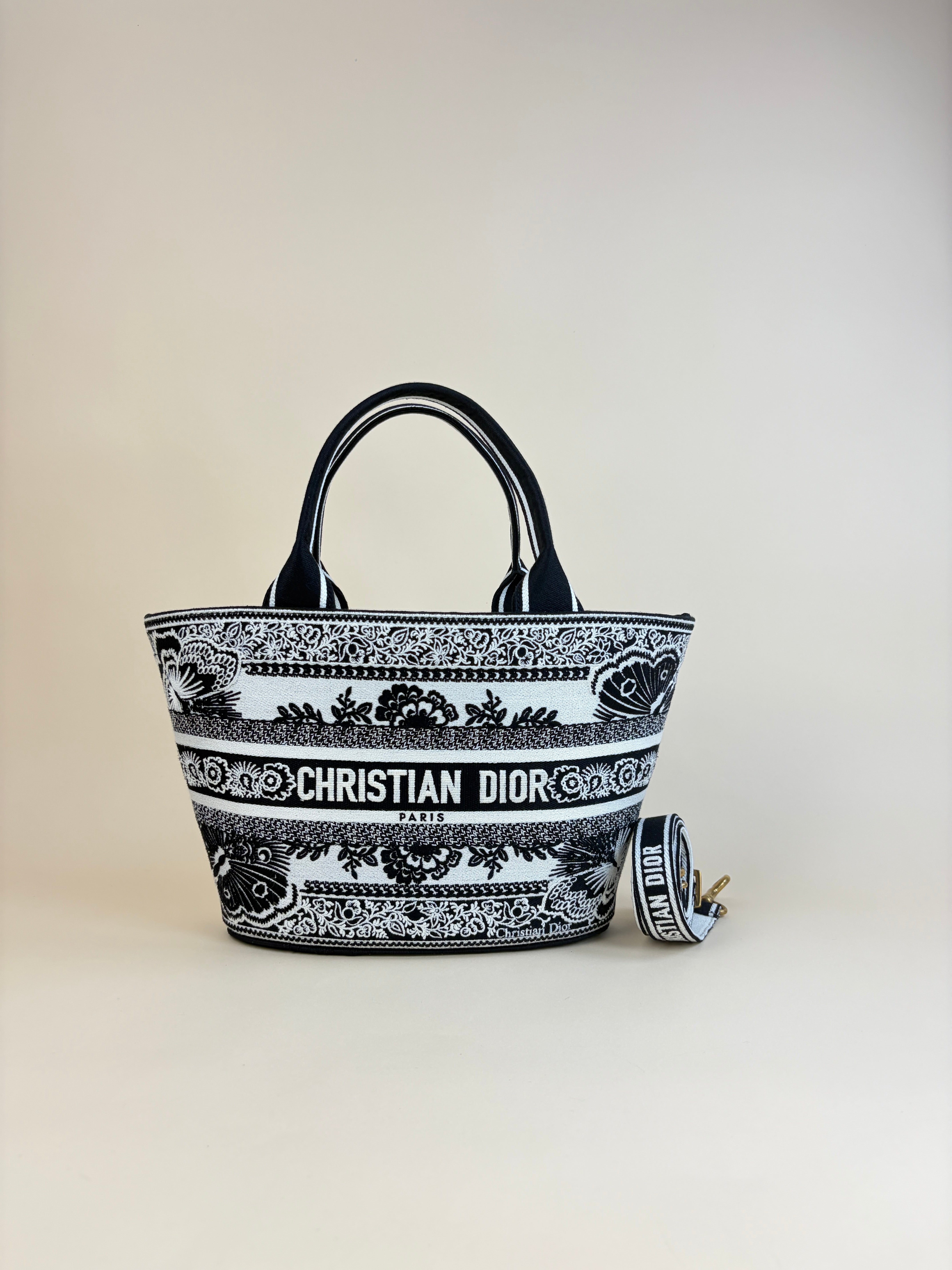 Christian Dior Bicolor Embroidered Butterfly Bandana Print Hat Basket Bag