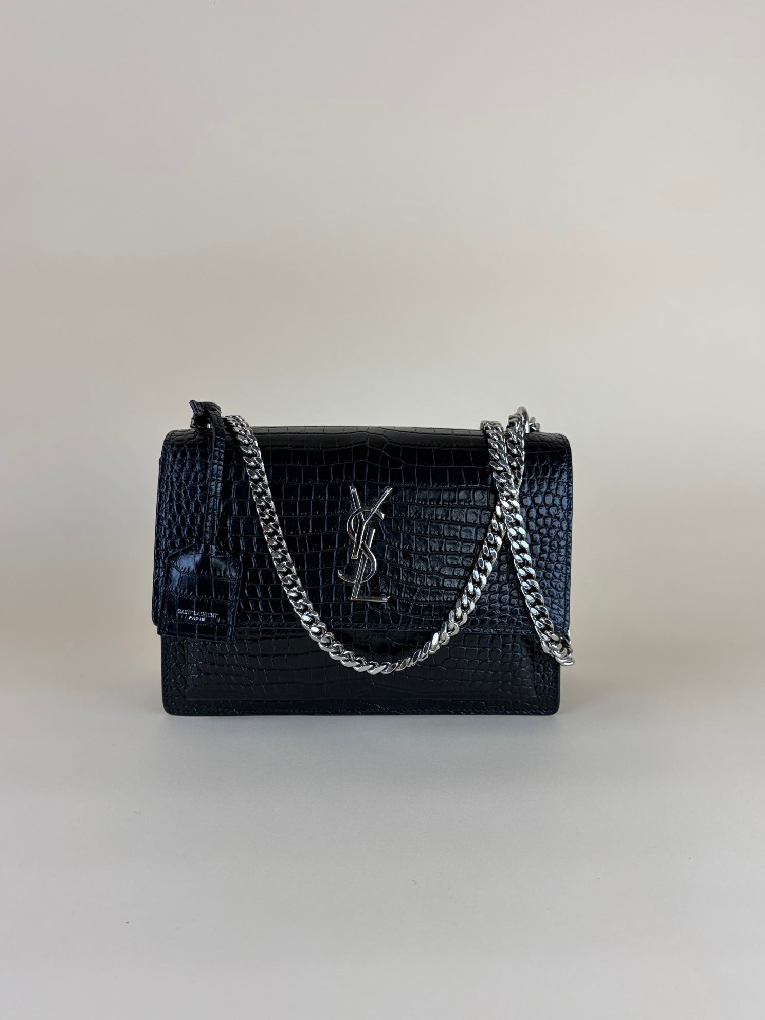 YSL black sunset crocodile medium shoulder bag