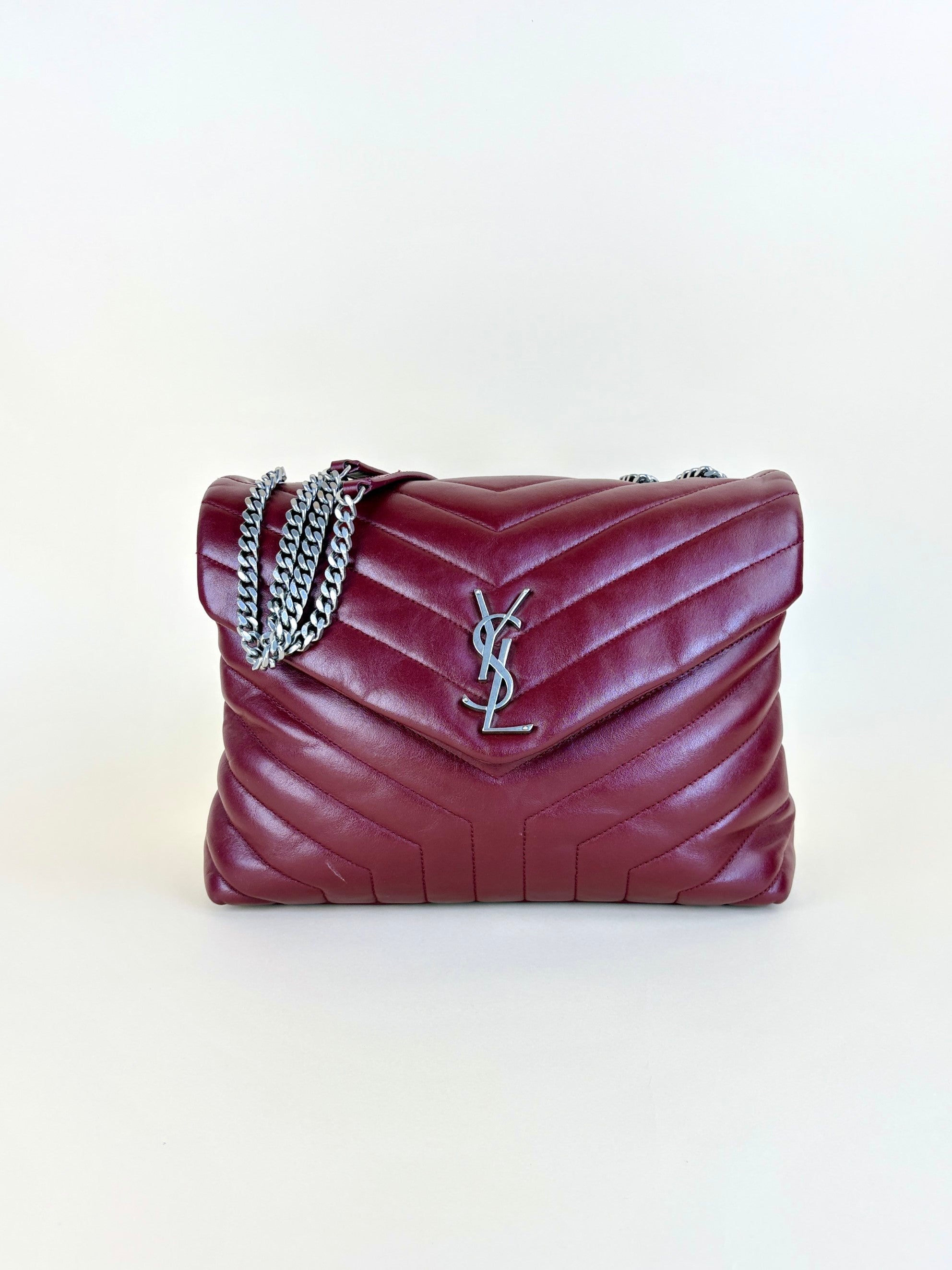 YSL Burgandy calfskin quilted monogram medium Loulou chain Shoulder Bag