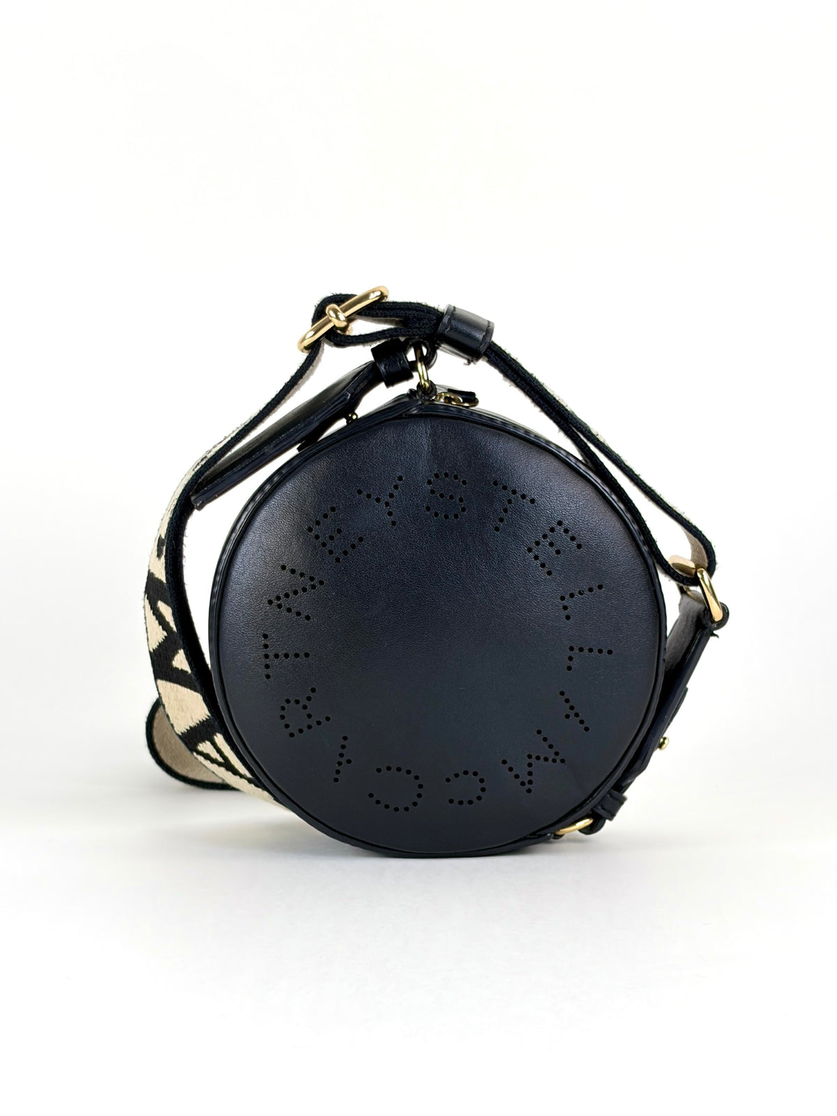 Stella Mccartney black mini round LOGO cross body bag