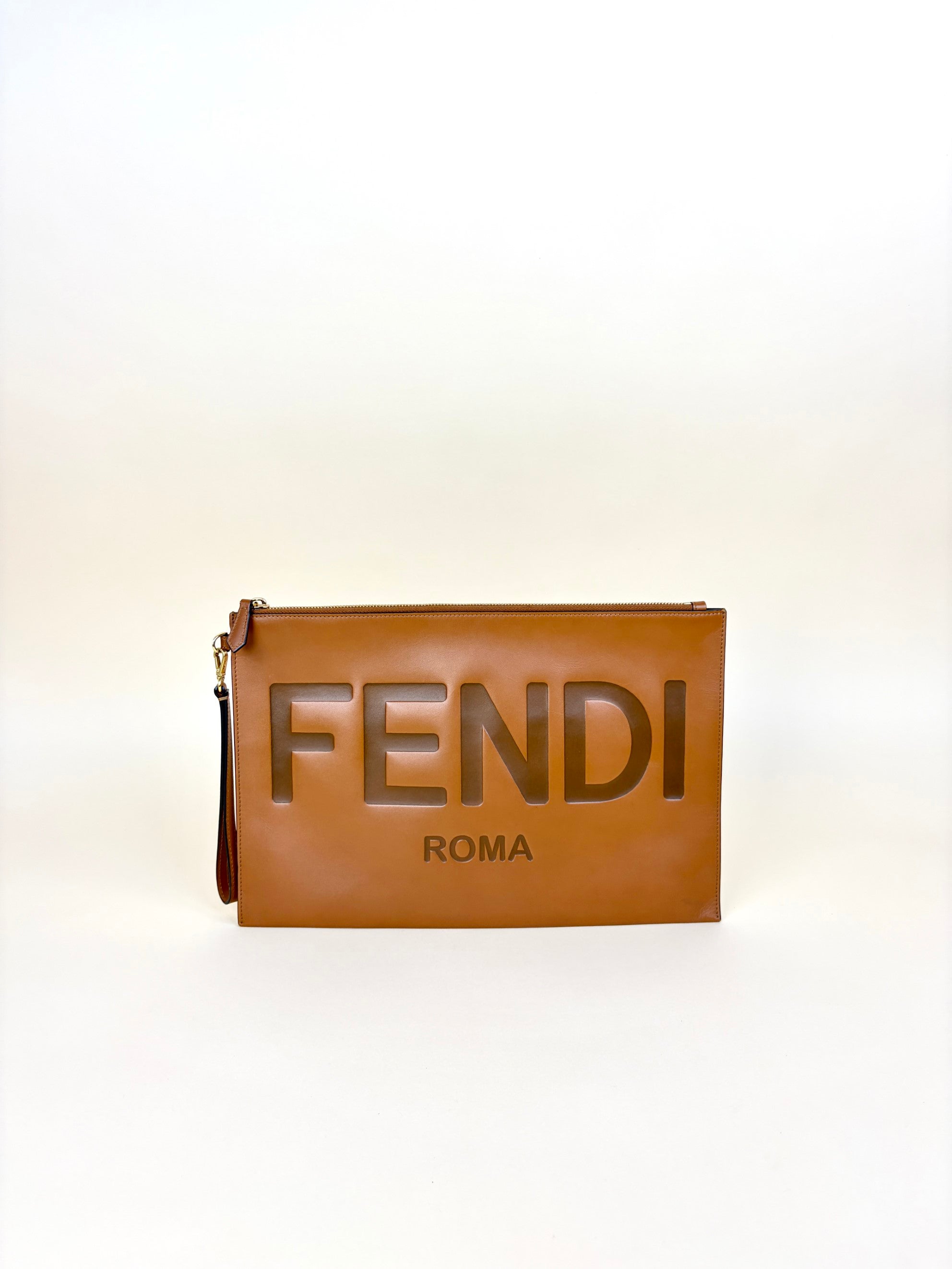 Fendi Camel Vitello King Fendi Roma Logo Embossed Flat Large Pouch