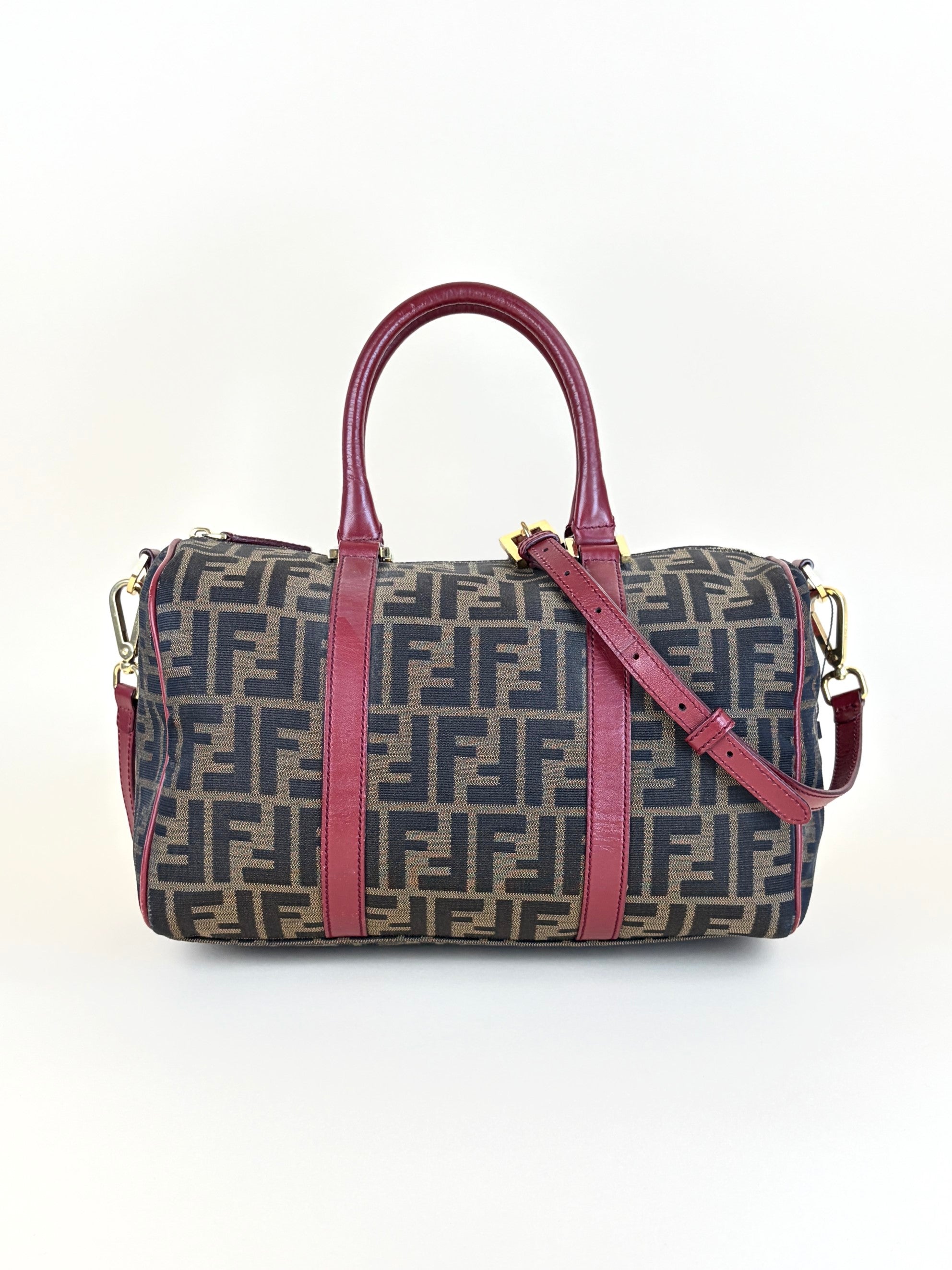 Fendi Zucca Boston tobacco canvas red leather convertible medium Boston