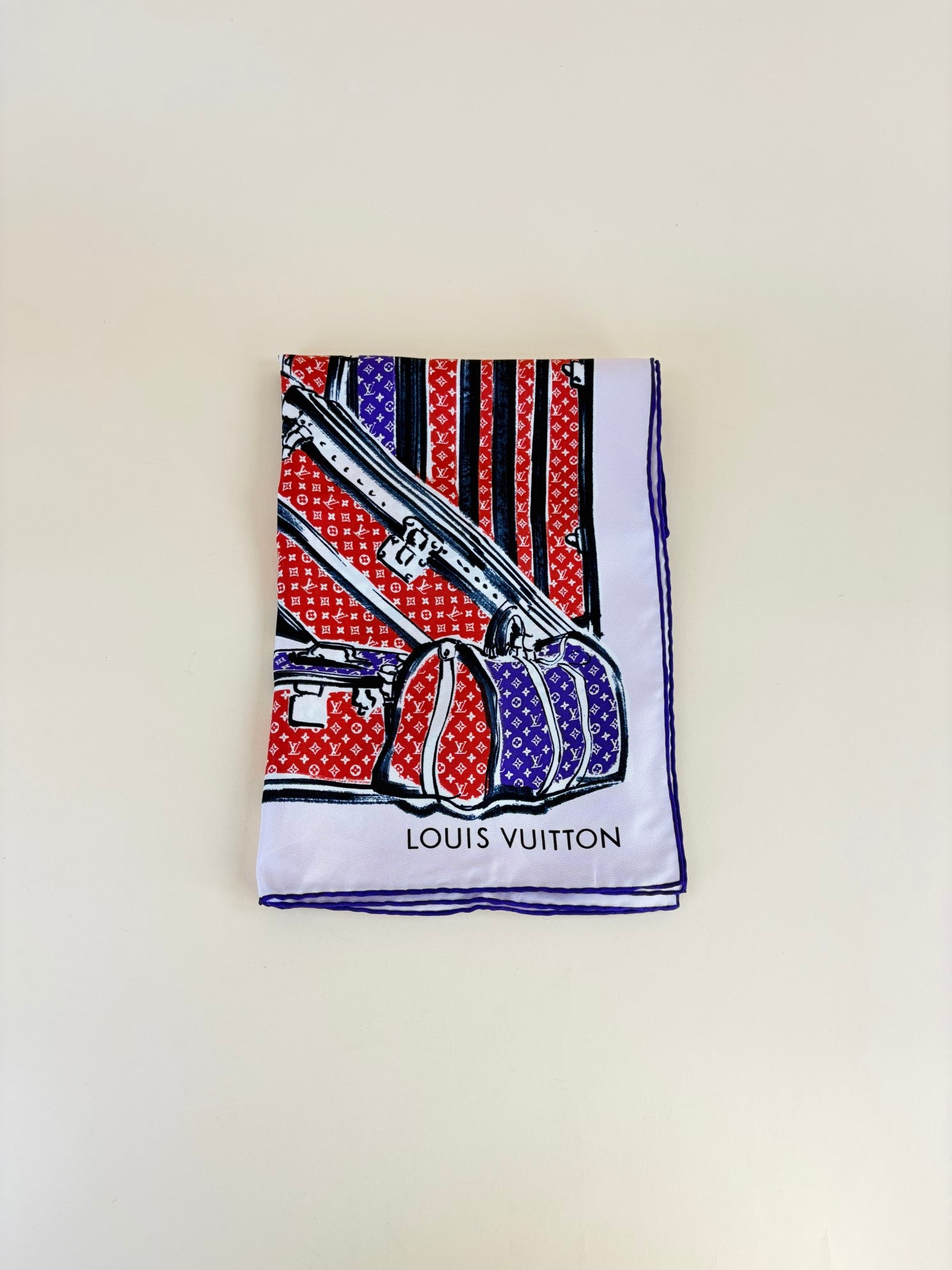 Louis Vuitton Red Monogram trunks square black /red/purple Monogram Silk scarf