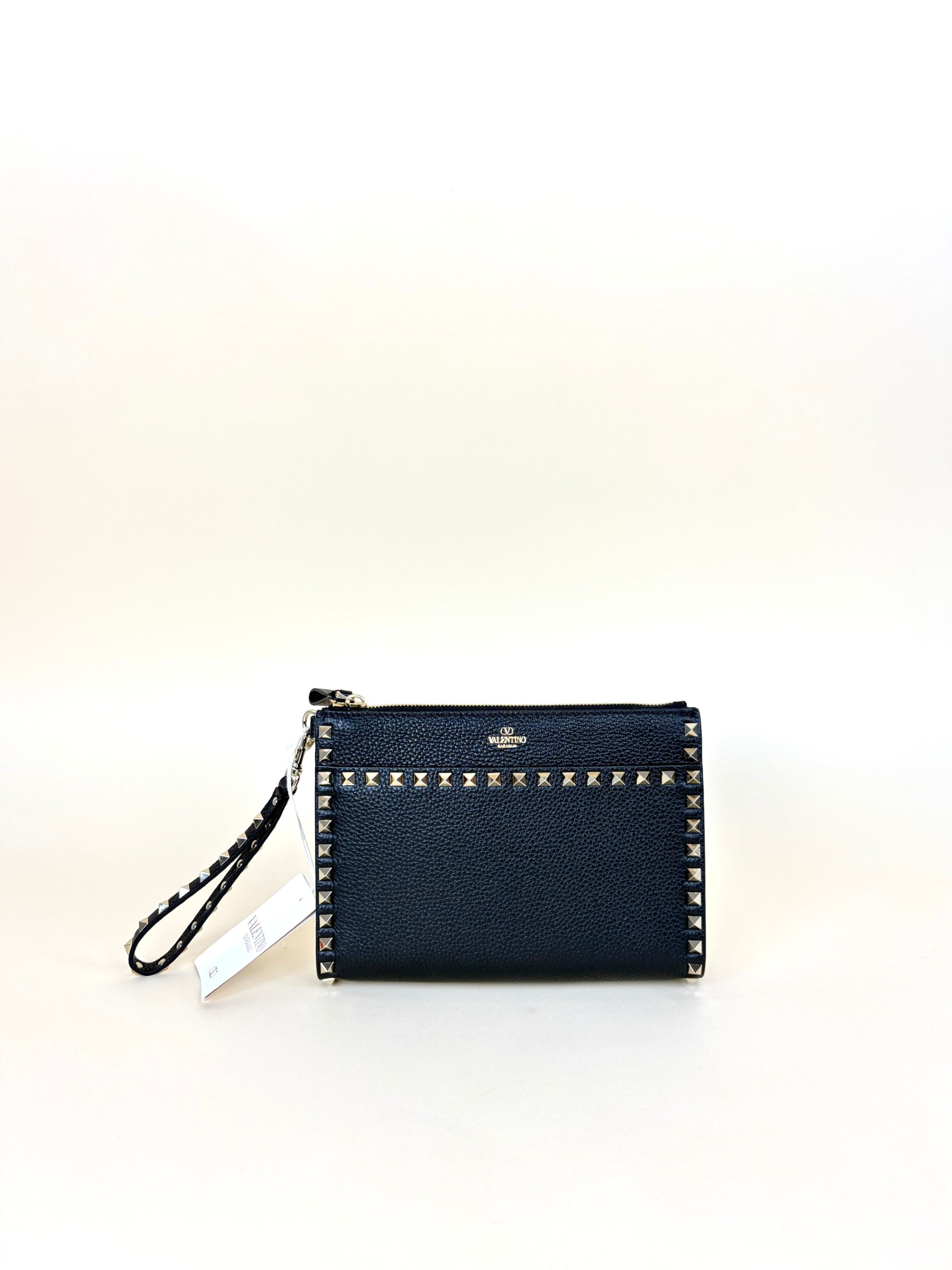 Valentino Black Pebbled Rockstud Zip Pouch