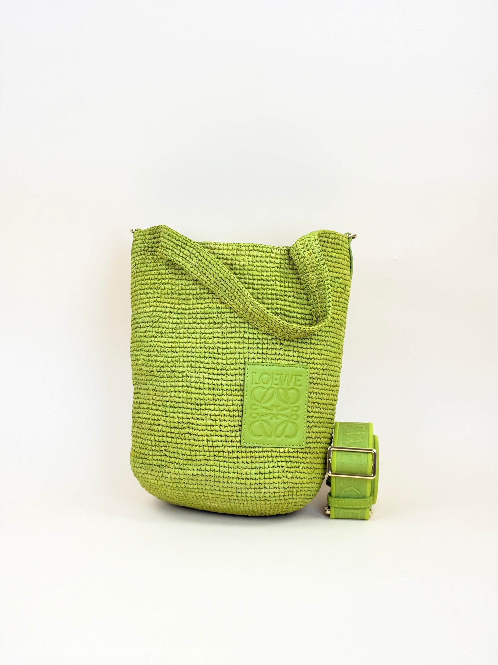 Loewe Meadow Green Raffia Mini Slit Tote Bag with Strap