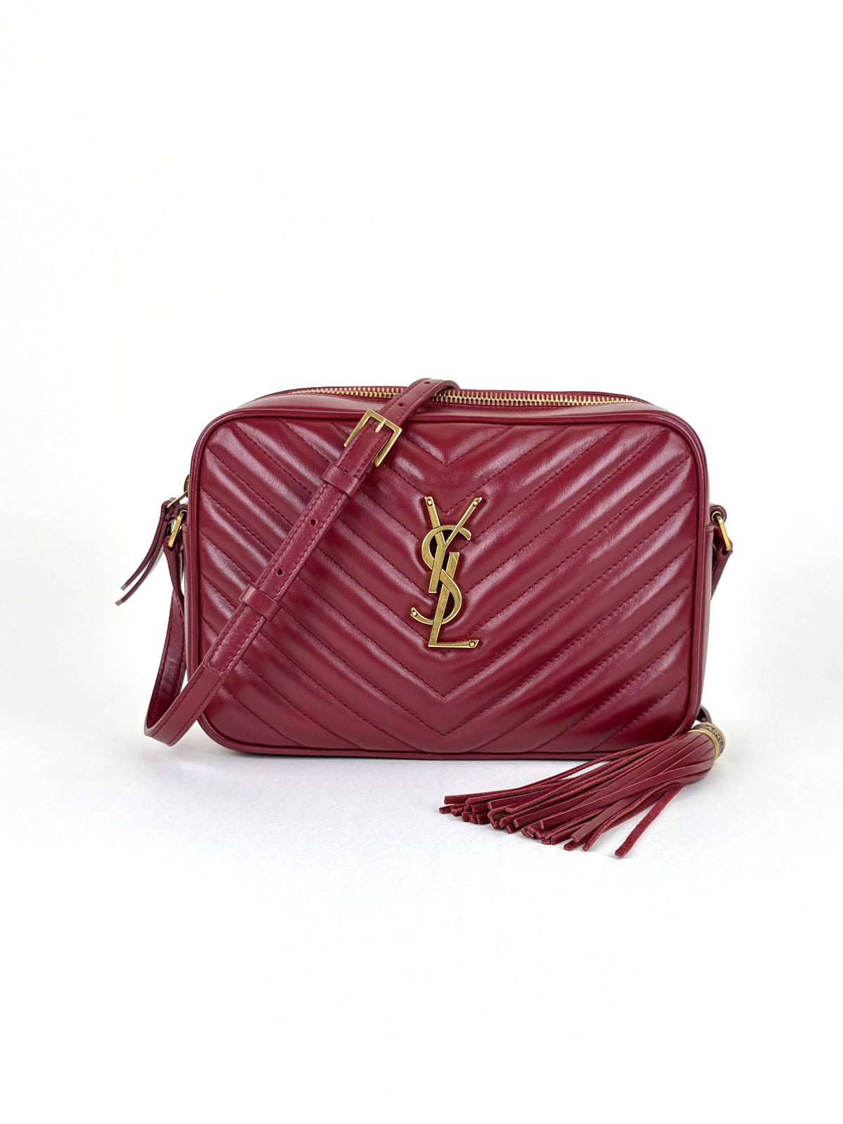 YSL red calfskin matelassé monogram Lou camera bag