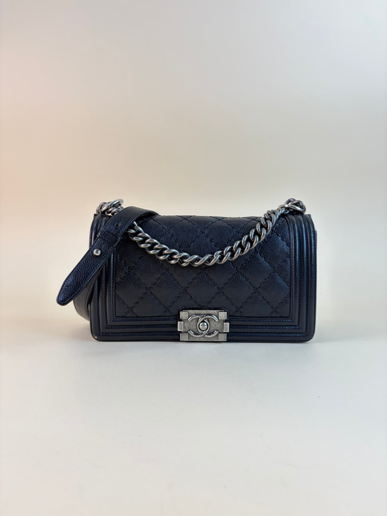 Chanel black boy calfskin double stitch medium flap bag