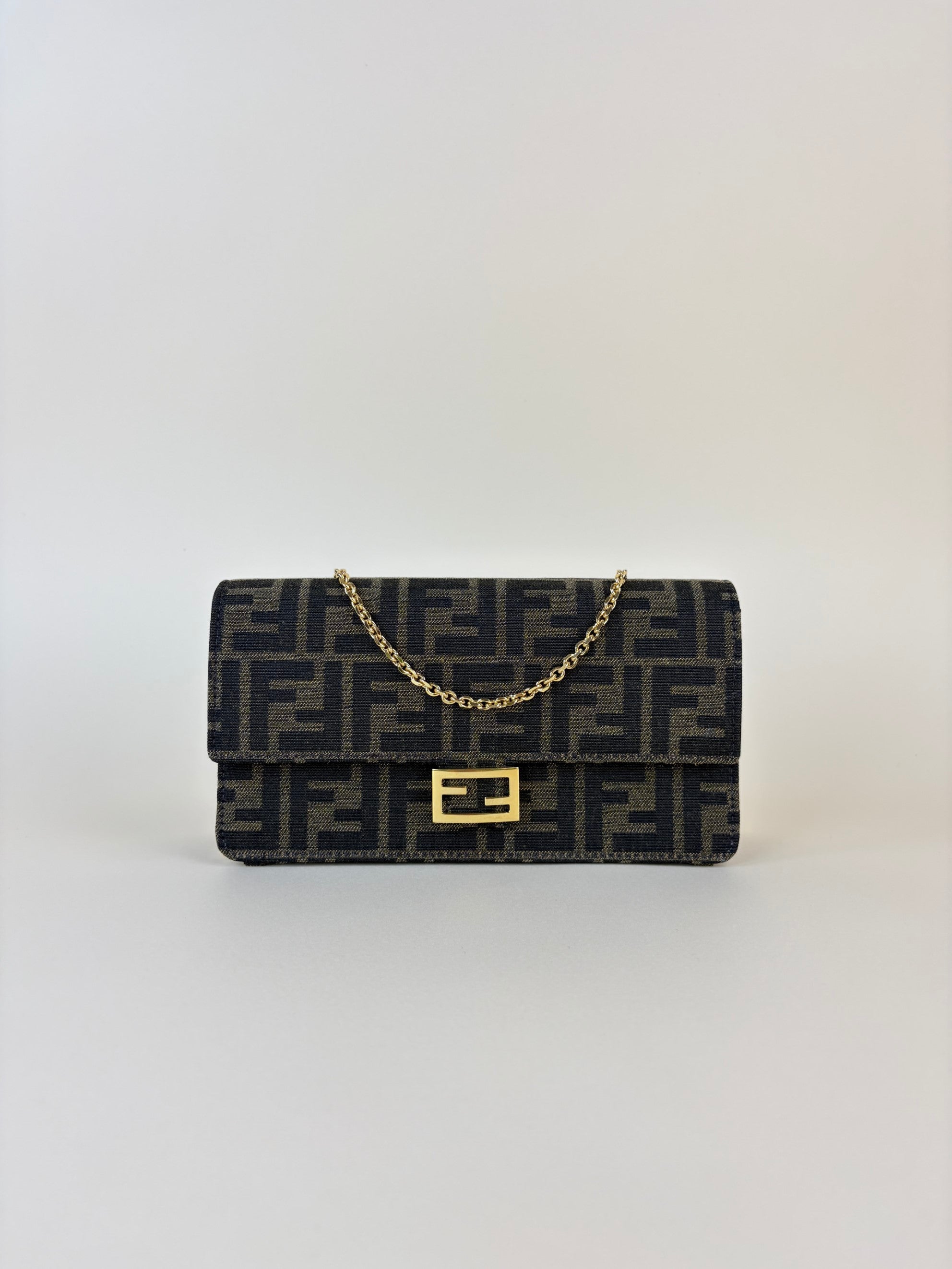 Fendi brown ff fabric wallet on chain baguette