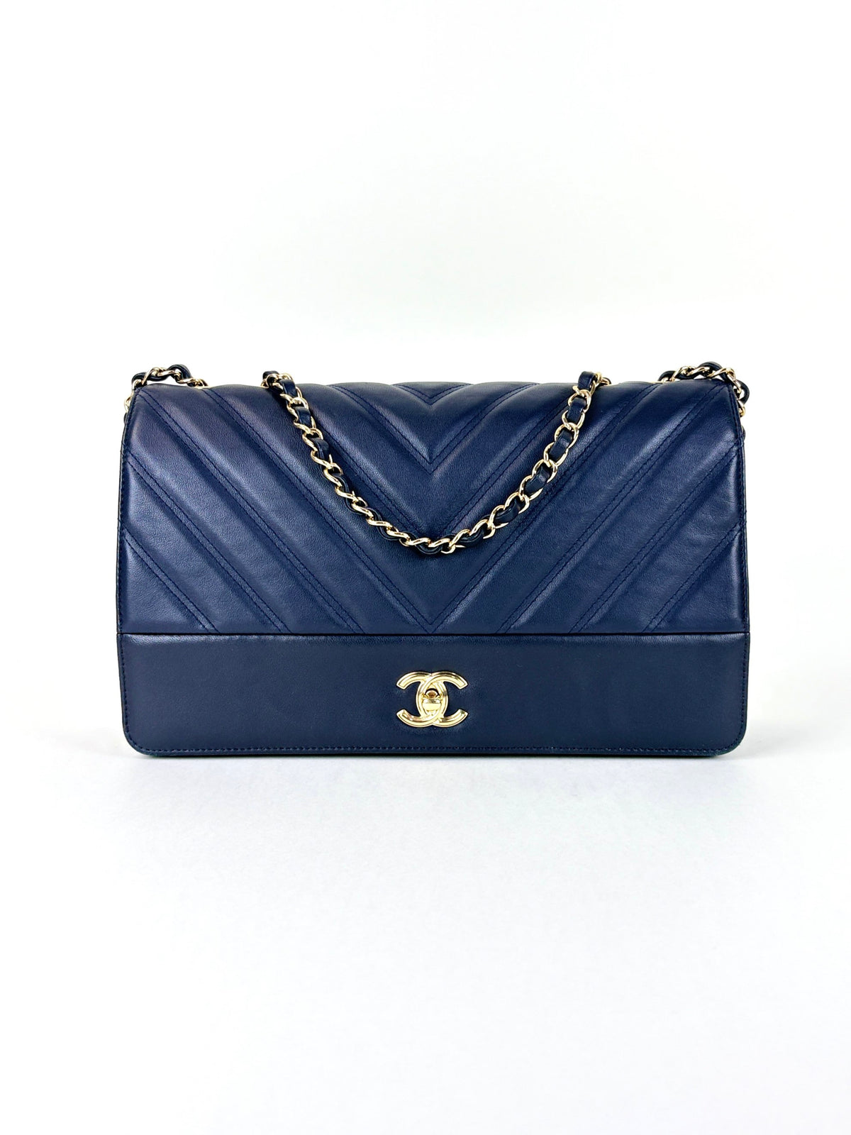 Chanel Navy blue chevron lambskin double stitch large full flap bag