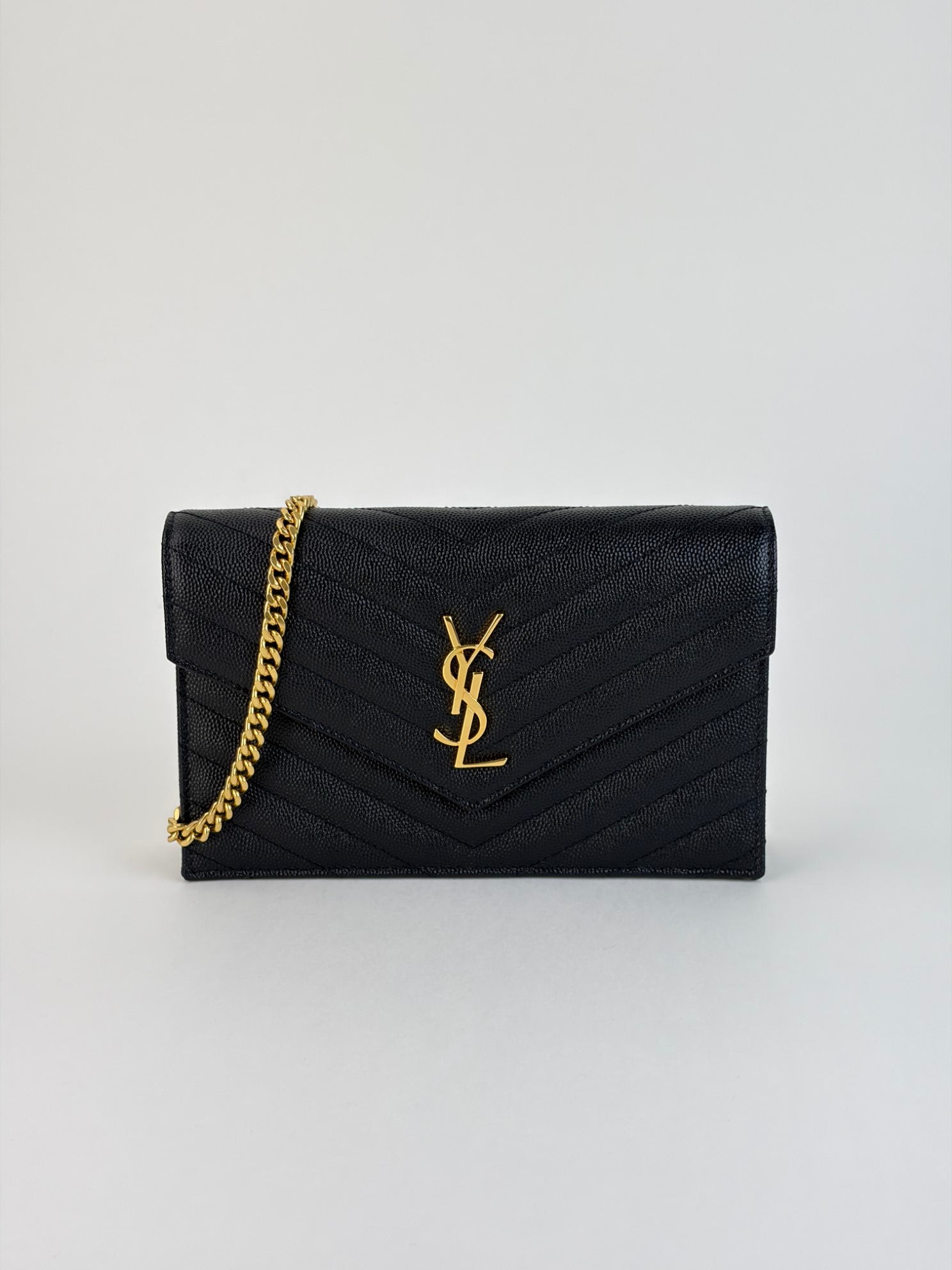 YSL black grain de Poudre leather classic Cassandre chain wallet