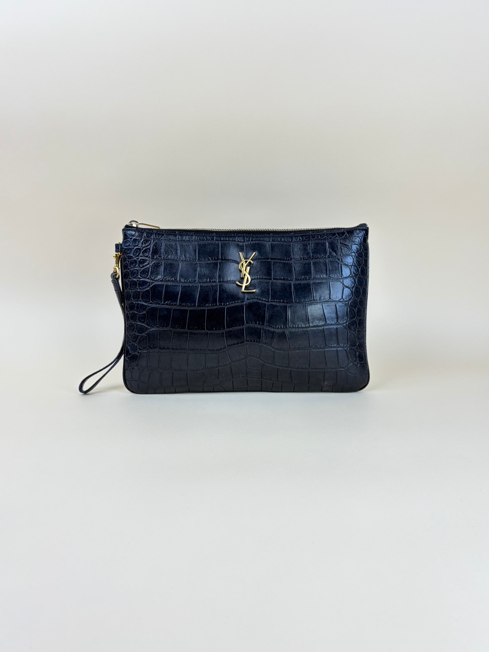ysl tablet pouch in black crocodile embossed leather gold Cassandre logo flat pouch
