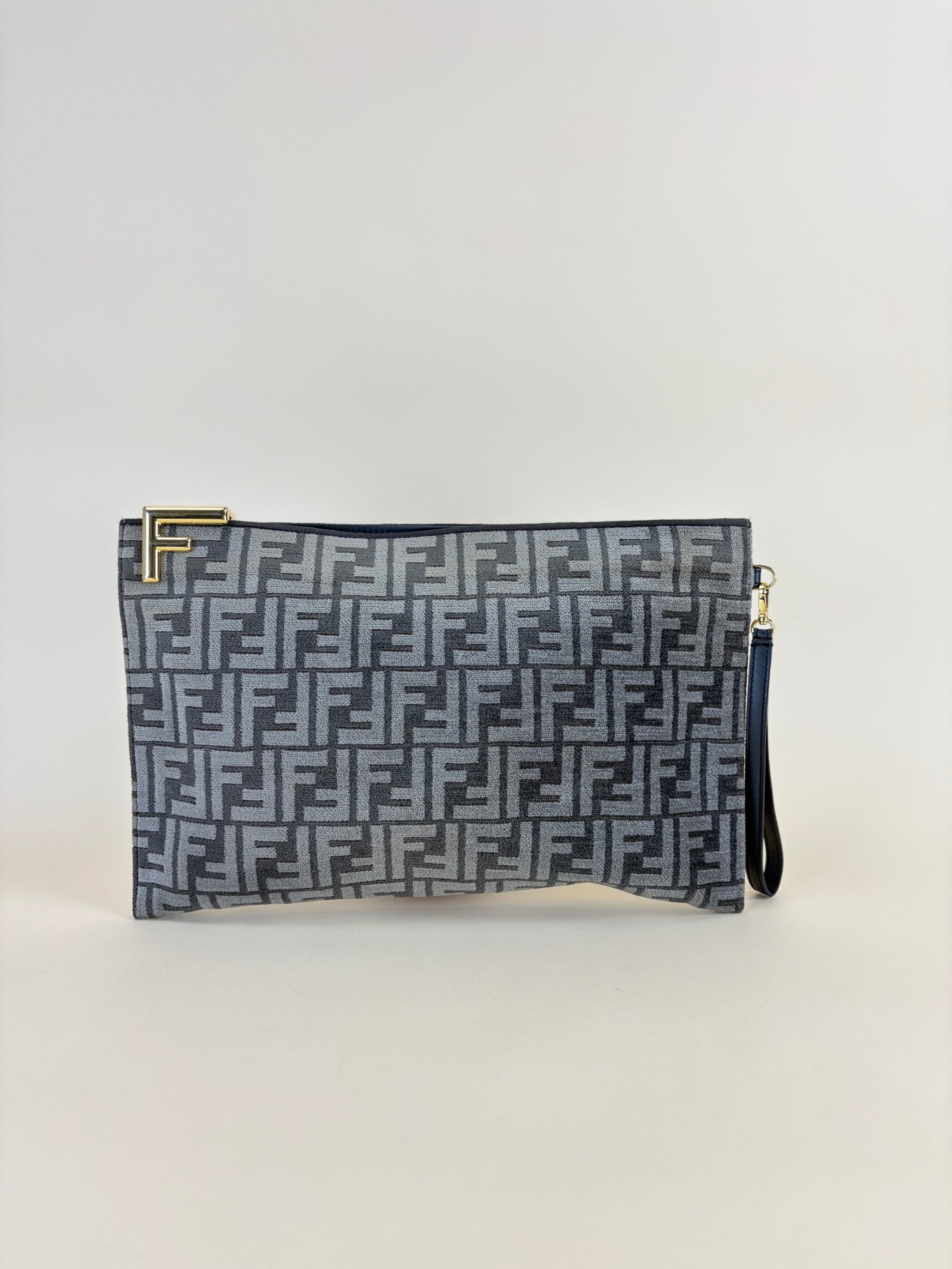 Fendi Grey Logo Plaque Monogram Jacquard Fabric Large Pouch