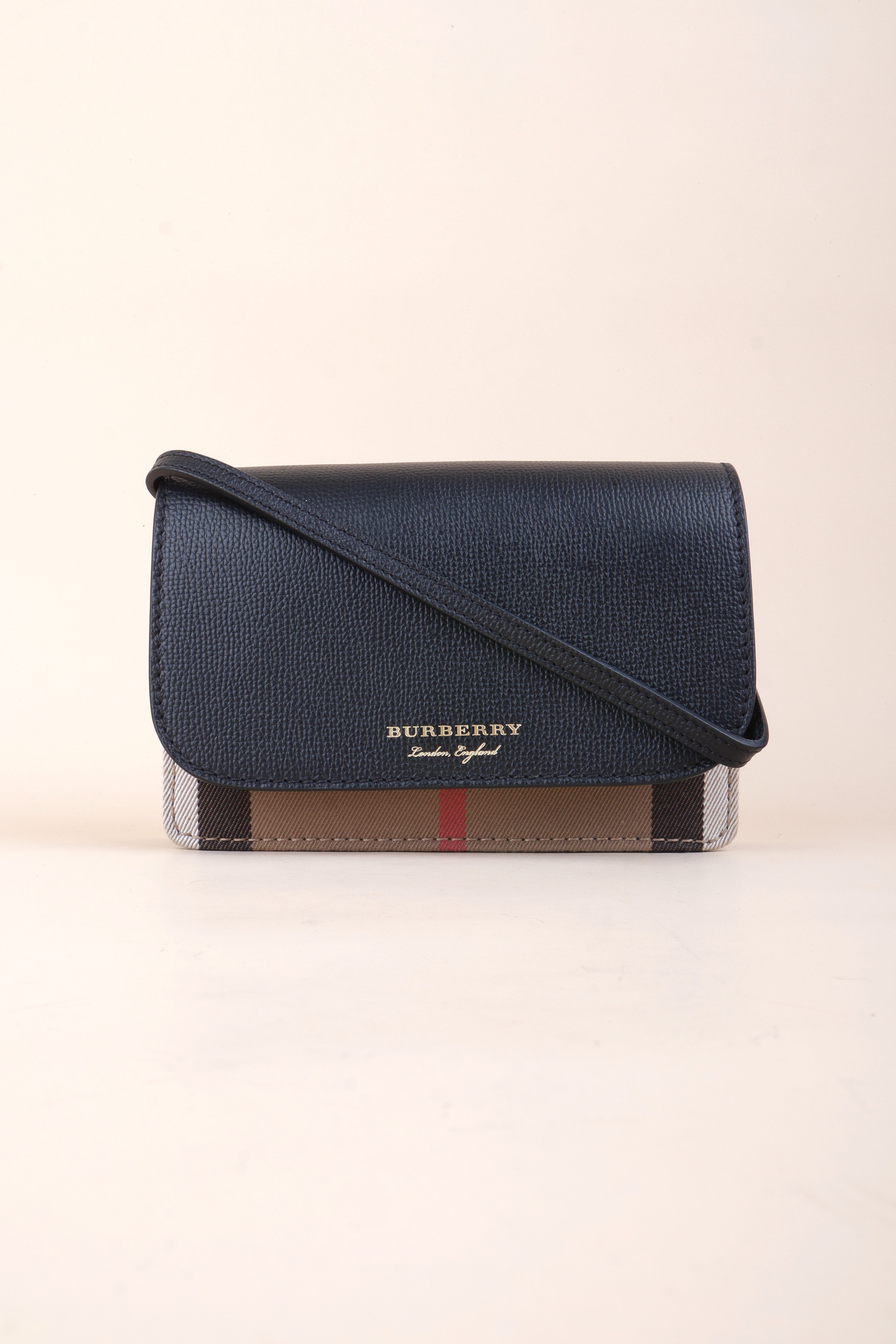 Burberry Black Leather House Check Canvas Derby Crossbody Bag