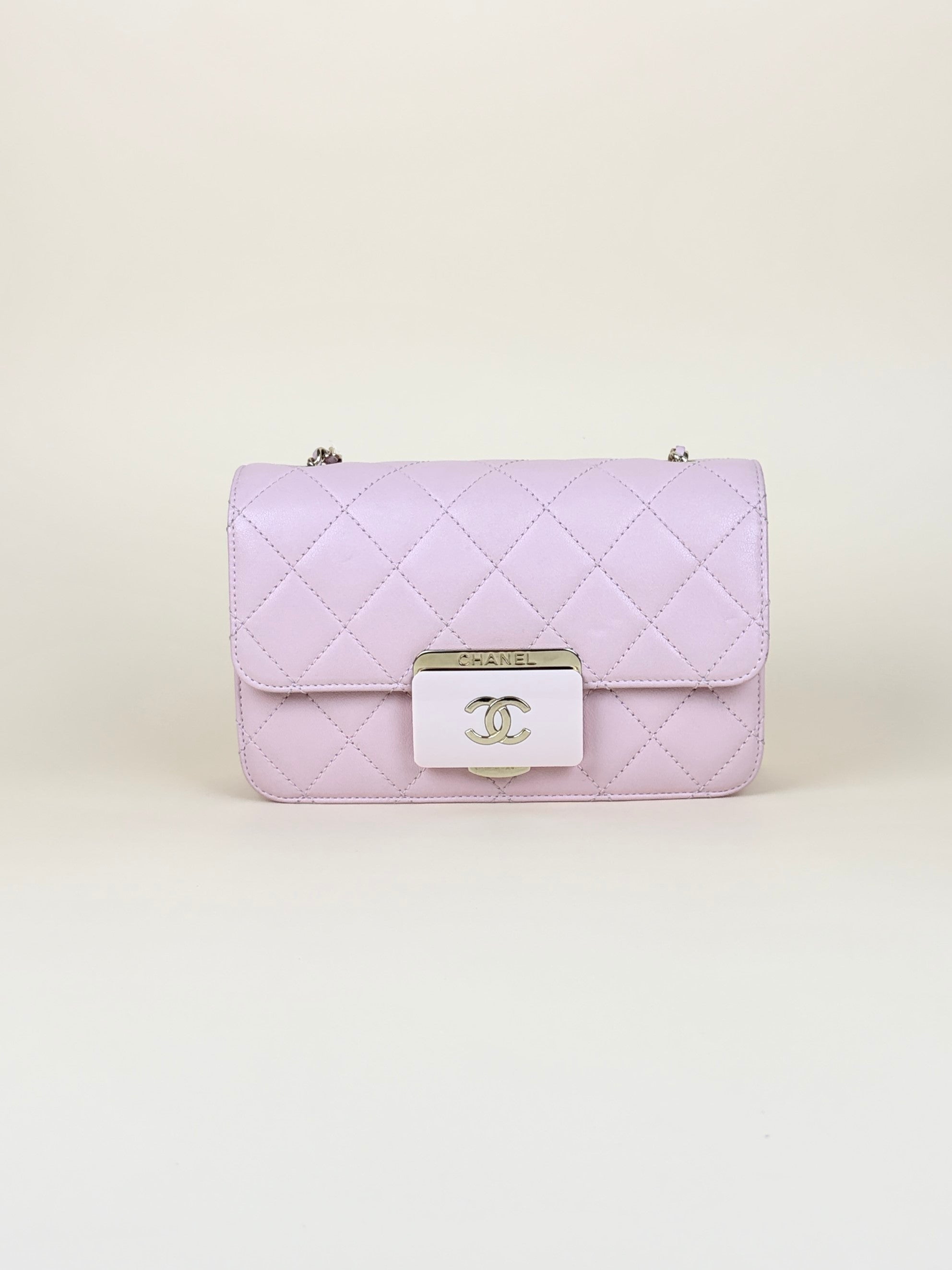Chanel pink sheepskin quilted mini beauty lock flap bag