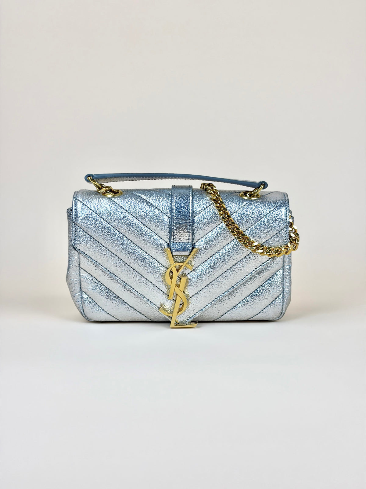 YSL silver chevron classic monogram metallic leather