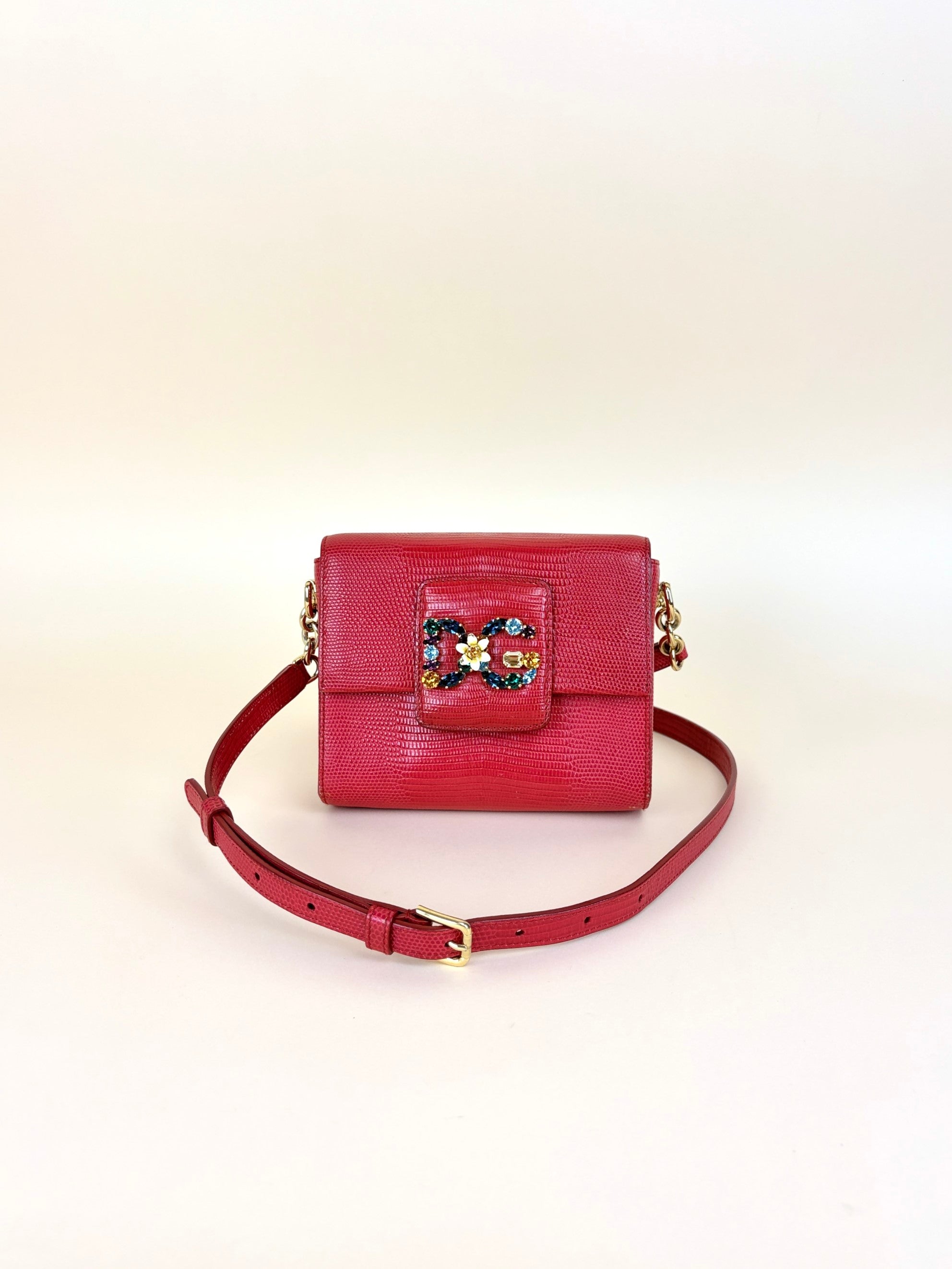 Dolce & Gabbana red lizard embossed crystal embellished D G millennials mini crossbody