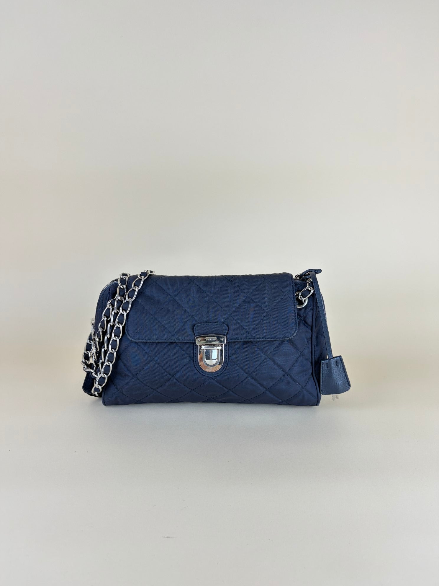 Prada Tessuto in puntu flap chain navy nylon