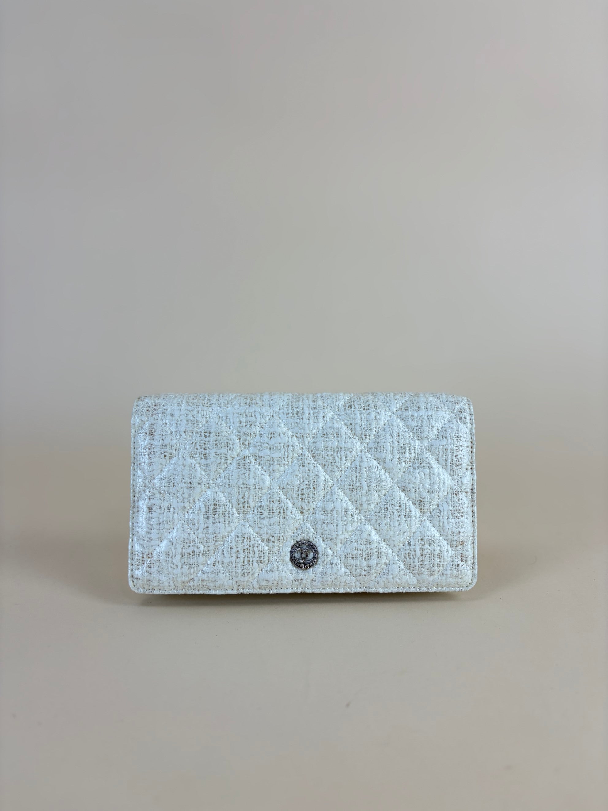 Chanel Ivory White Matelasse New Coco Button Bifold Coated Tweed Wallet
