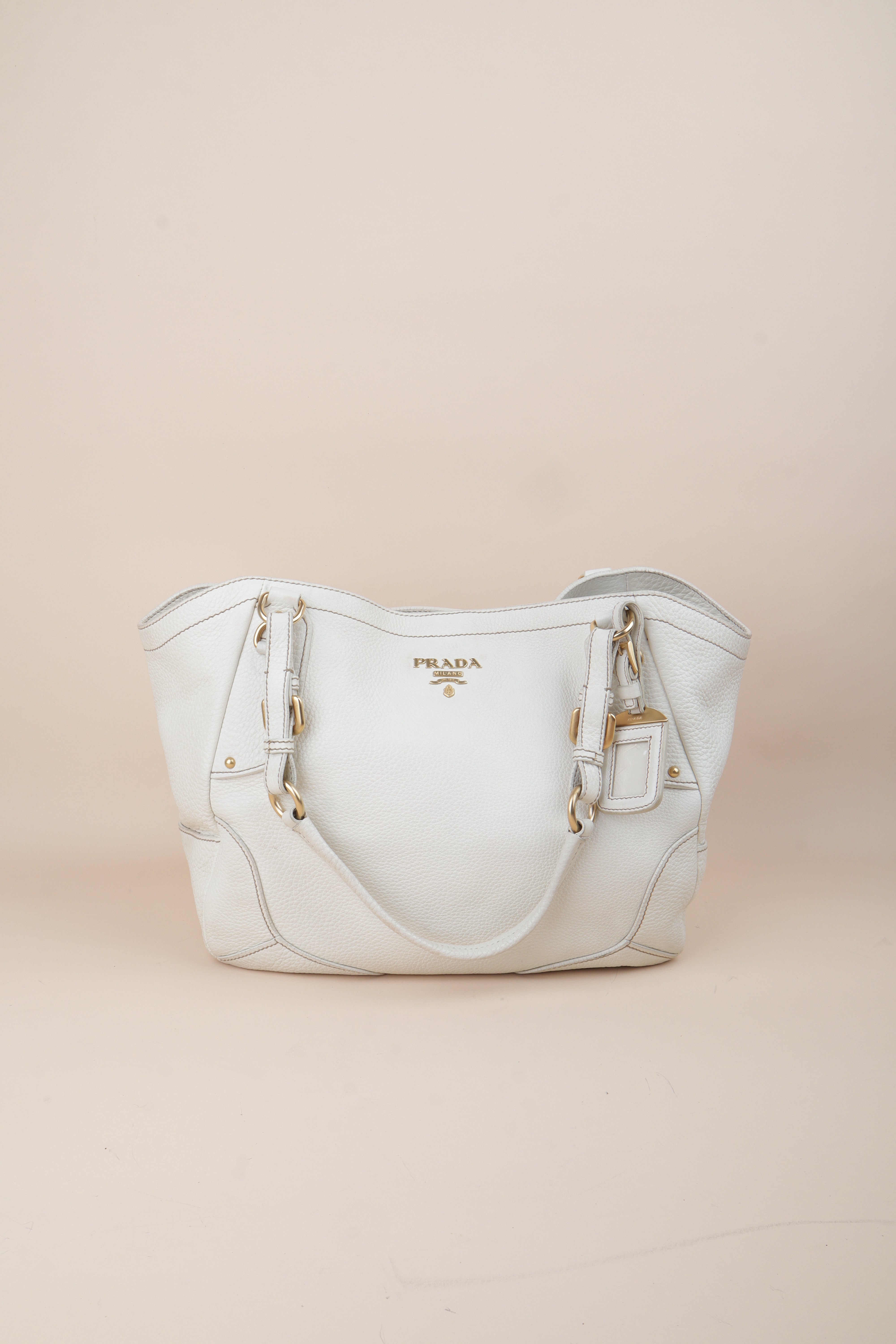 Prada White Vitello Daino Talco Cervo Shoulder Bag