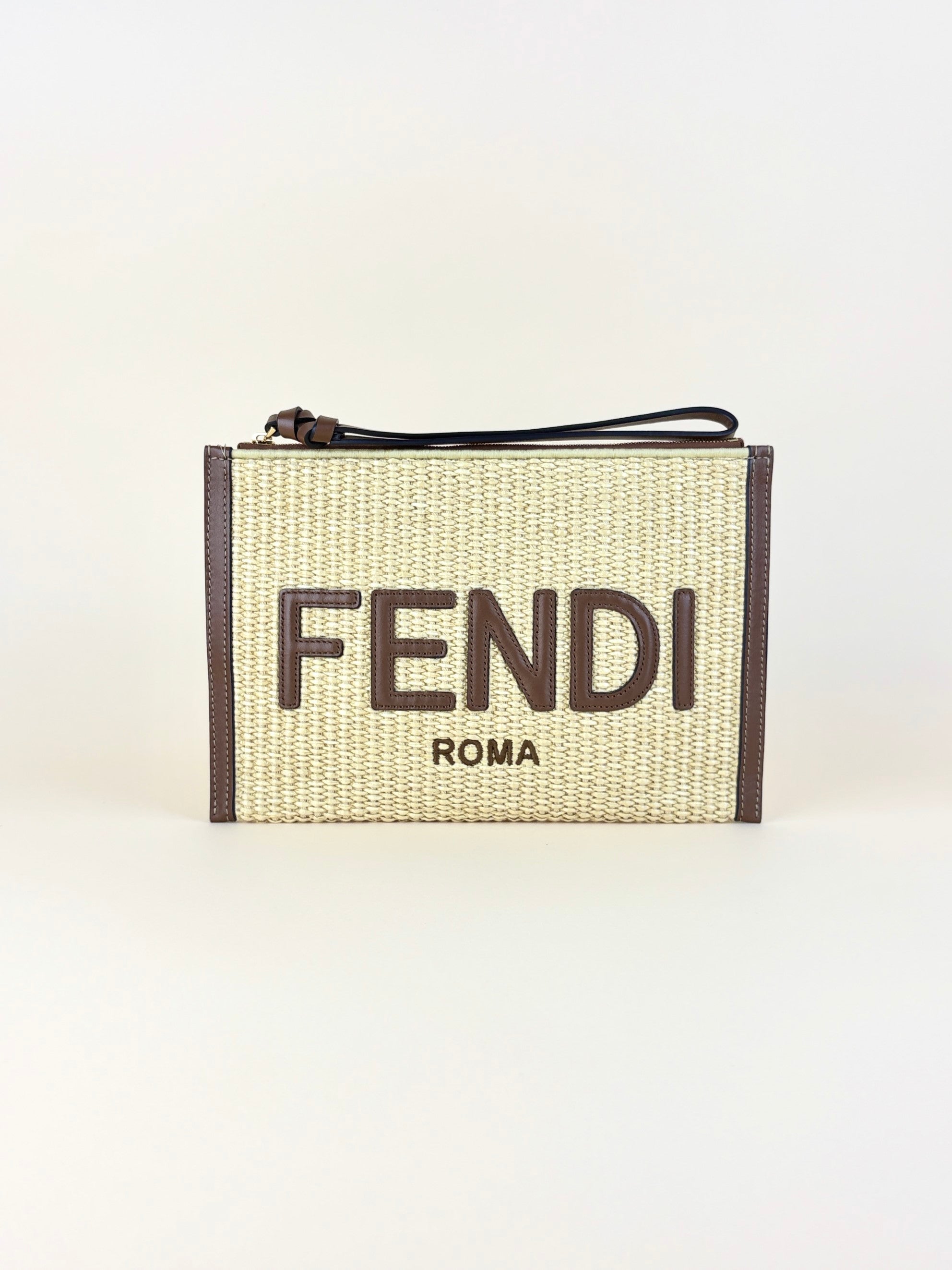 Fendi beige raffia roma flat pouch